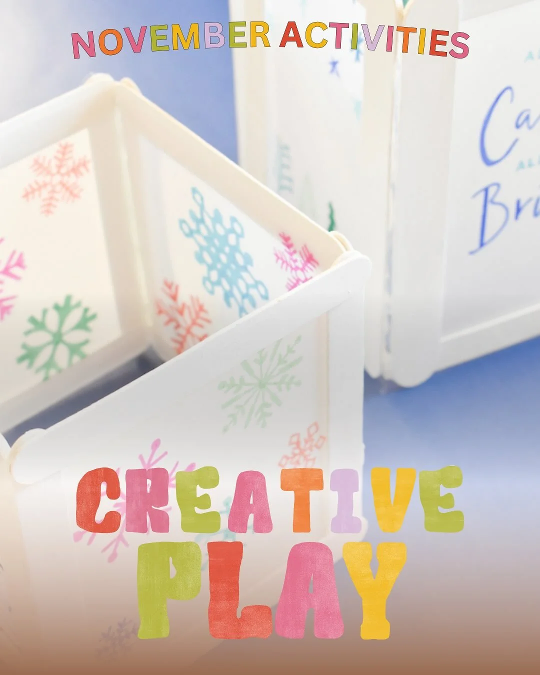 This November in Creative Play! 🎨🏮👩&zwj;🎨🎄

Tues 4/Thurs 6 - Tissue Paper Art
Tues 11/Thurs 13 - DIY Lanterns
Tues 18/Thurs 20 - Cloud Dough
Tues 25/Thurs 27 - Christmas Decor

🔗 Book today via the link in our bio
Walk-ins also welcome!

#creat