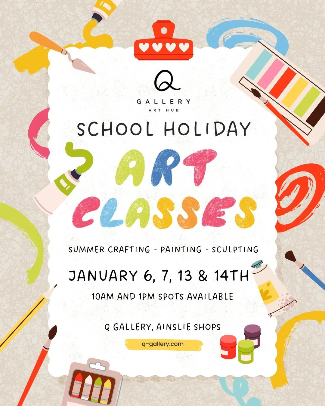 Our School Holiday Program is back!!

Get creative these summer holidays at Q Gallery! Our hands-on art workshops are designed for kids to explore different mediums, experiment with materials, and express their imagination. Whether your child loves p