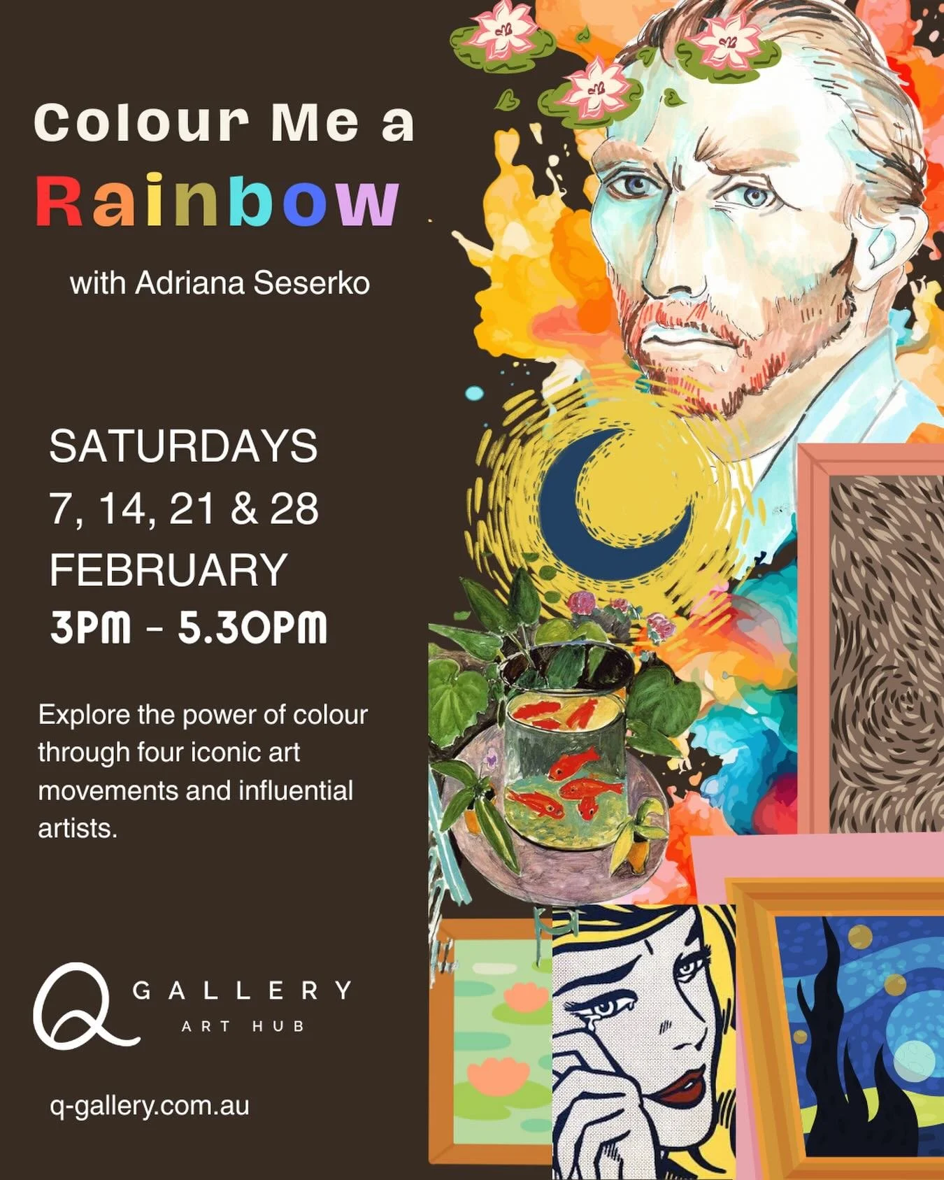 Coming this February: Our first art course of 2026! 👩&zwj;🎨✨

Colour Me A Rainbow, a 4 week art course exploring the power of colour through four iconic art movements and influential artists with Adriana Seserko.

Time:&nbsp;3:00 &ndash; 5:30pm
Dat