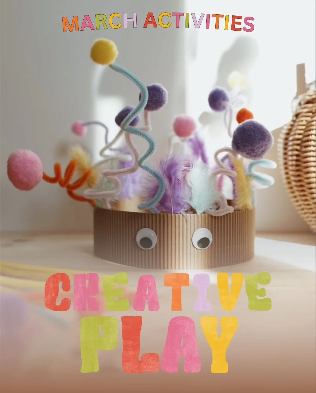 This March in Creative Play! 👑💐🐰🎨

Tues 3/Thurs 5 - Crazy Crowns
Tues 10 - Flower Pots
Tues 17 - Bunny Painting
Tues 24- Easter Baskets
Tues 31/Thurs 2 - Easter Egg Decor

Please note: due to exhibitions this month, sessions won&rsquo;t run every