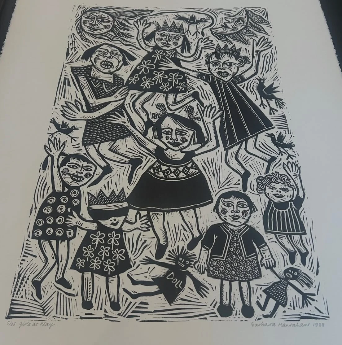 Barbara Hanrahan&rsquo;s &lsquo;Girls at Play&rsquo;  5/35 , 1998, linocut  on paper. $1750 
 Three days left to see this wonderful show  Treasures from the collection of Helen Maxwell