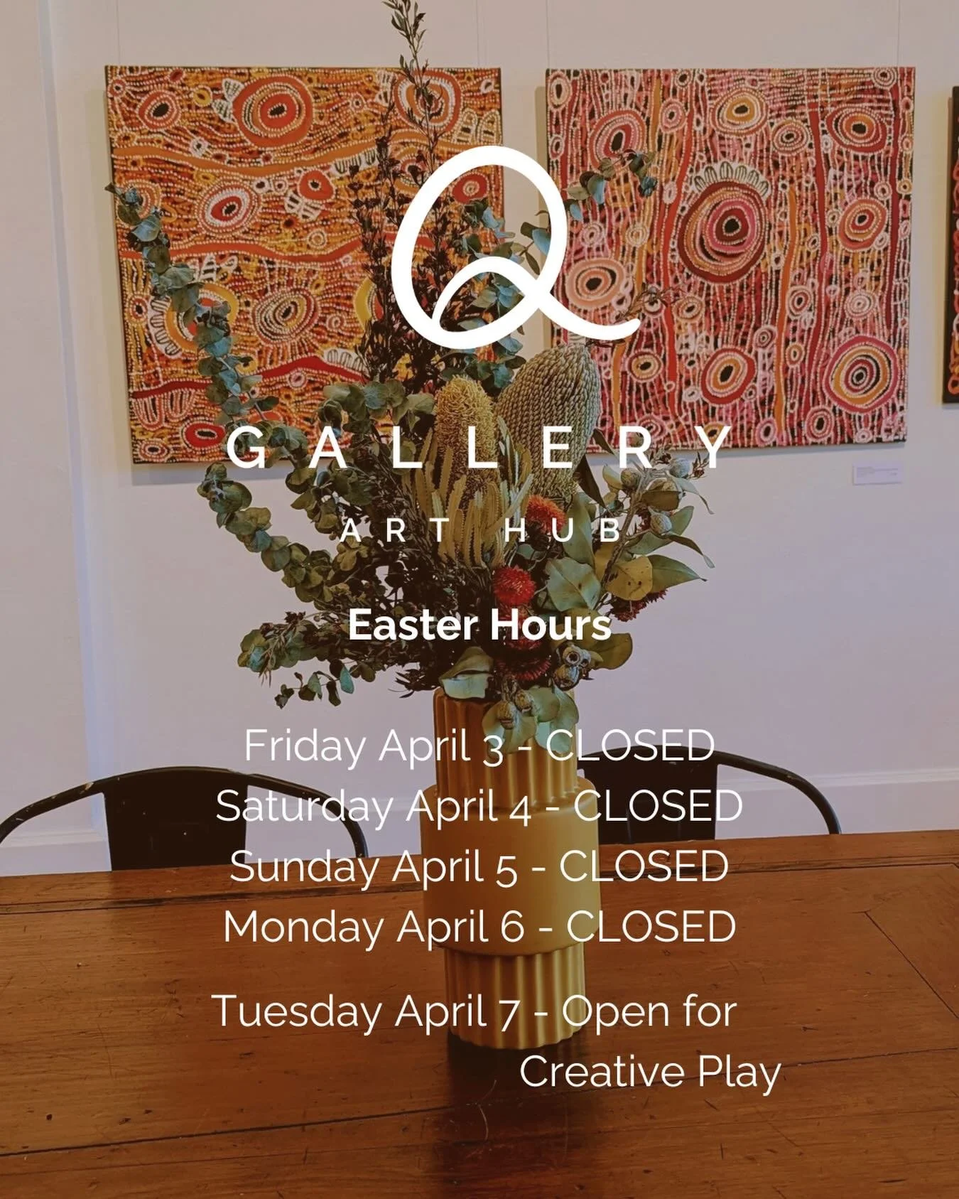Q Gallery Easter Hours

We&rsquo;ll be closed over the long weekend, but back to normal hours next week with Creative Play still running on Tuesday morning from 9.30am.

Wishing everyone a Happy Easter Holidays 🐣
From the Q Gallery team