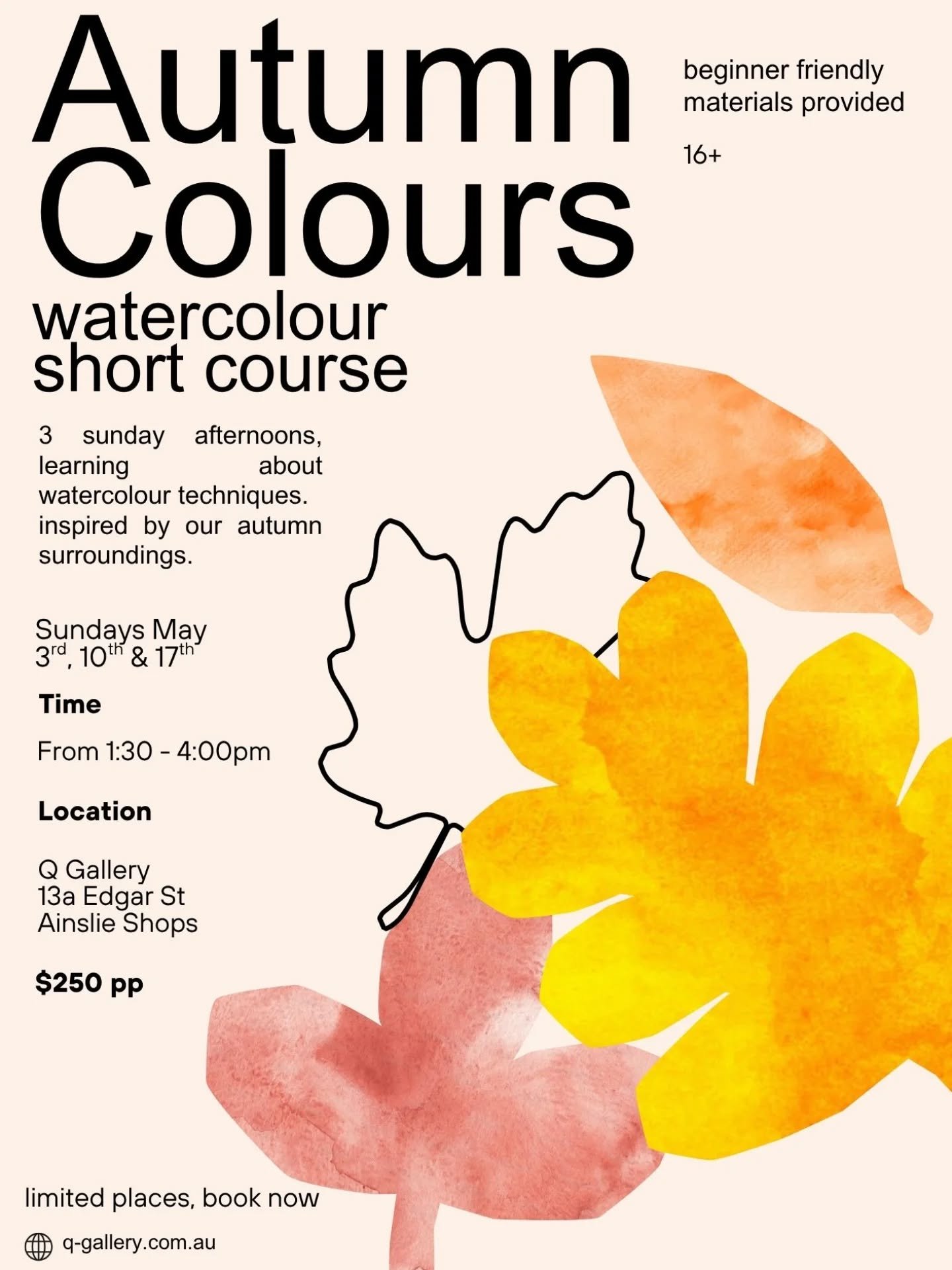 New class announcement! 

A short course in watercolour, for beginners, inspired by the autumn colours around us. 
3 peaceful Sunday afternoons learning watercolour techniques with local artist Eliott June O'Dowd. 
All supplies provided, limited plac