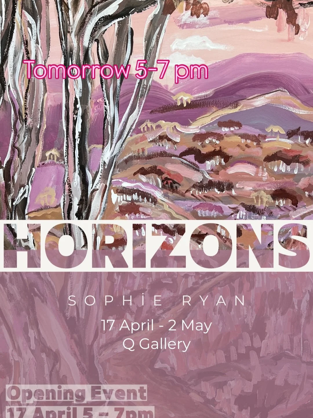 In Horizons, Sophie explores big, fluffy skies, changing light, and familiar landscapes reimagined through unlikely colour and expressive mark-making. Her paintings appear not as exact places, but as they&rsquo;re felt and remembered. 
Please join us