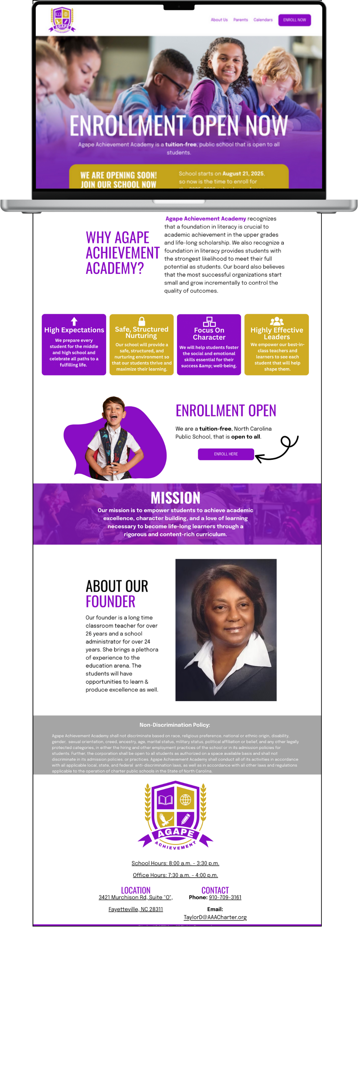 Screenshot of a school website for Agape Achievement Academy with a banner featuring students, enrollment details, school information, and contact details.