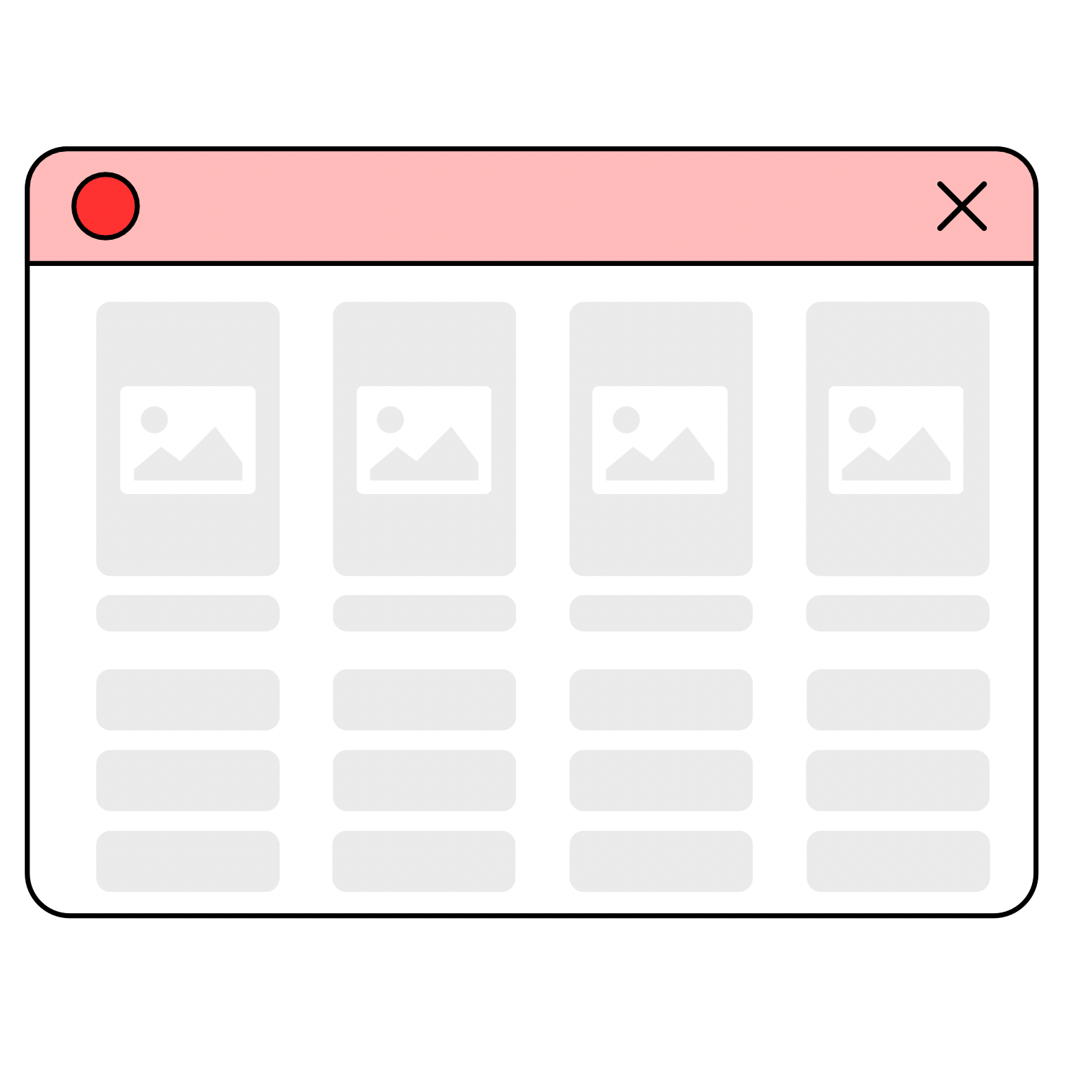 Illustration of a web browser window with a pink header and gray content area displaying placeholder images and text, indicating a website or app interface.