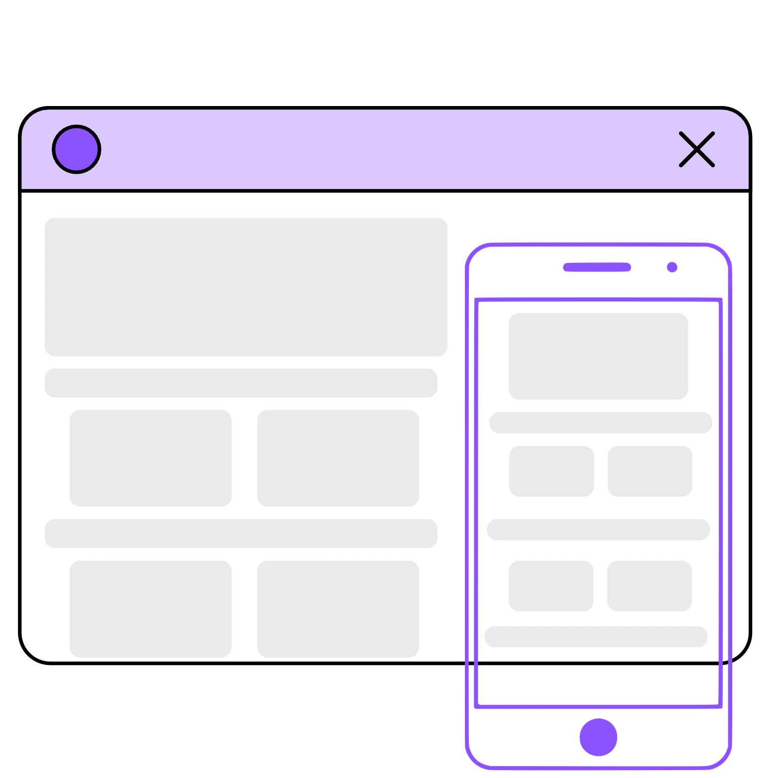 Illustration of a website and a mobile app interface with a purple theme, showing wireframes for both platforms.