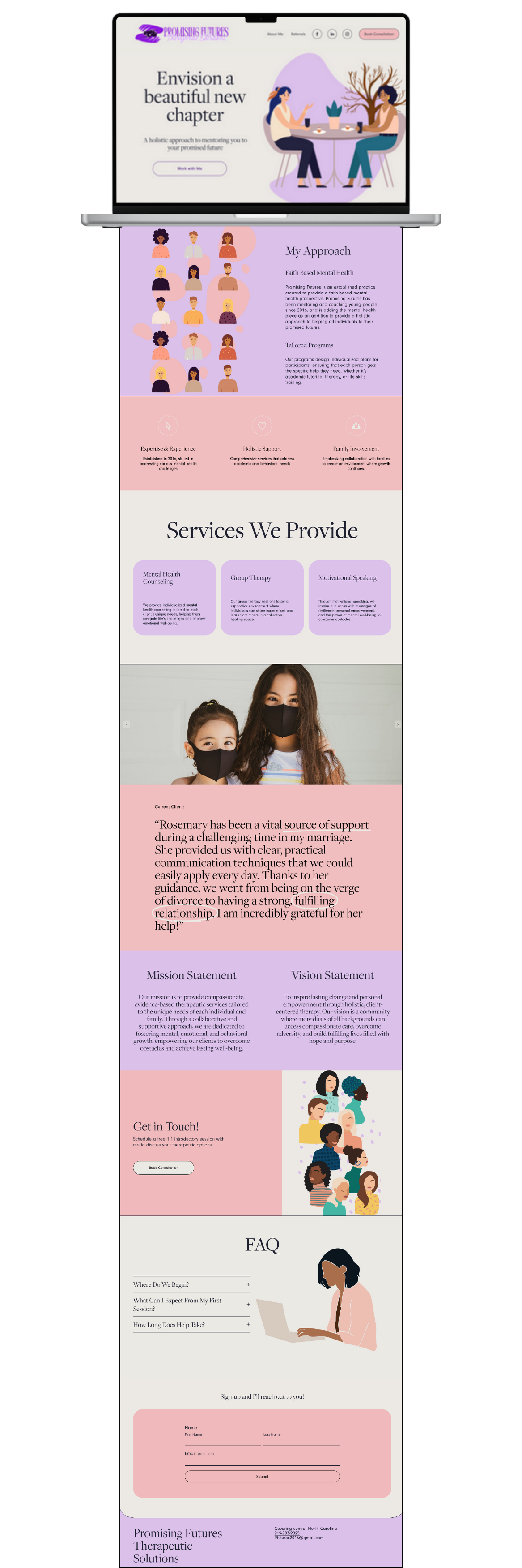 Screenshot of a mental health counseling website featuring an illustration of two women talking at a table, various sections about services, a photo of two women wearing masks, and contact information.