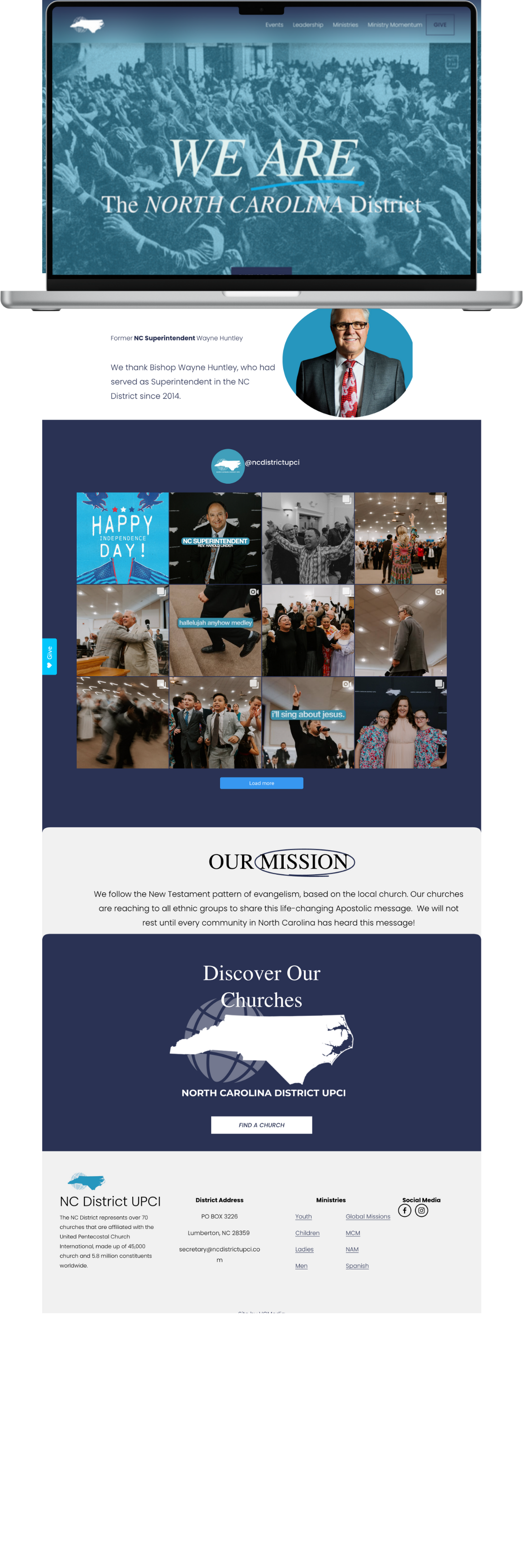 Homepage of a website for the North Carolina District UPCI featuring a header with a group of people raising their hands, a section thanking Bishop Wayne Huntley with his photo, a grid of photos from events, a mission statement about evangelism, and a map of North Carolina with a globe, along with contact information and links to social media.