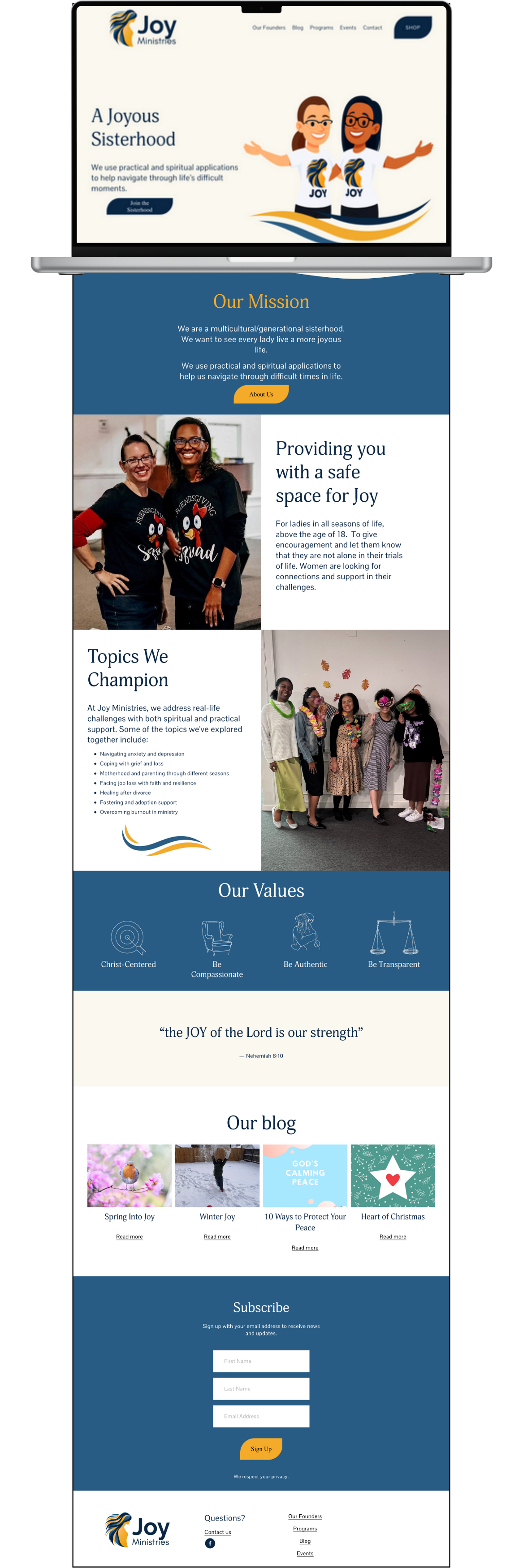 Screenshot of Joy Ministries website homepage featuring a logo with a stylized lion's head, images of diverse women, and sections about their mission, values, blog, and subscription form.