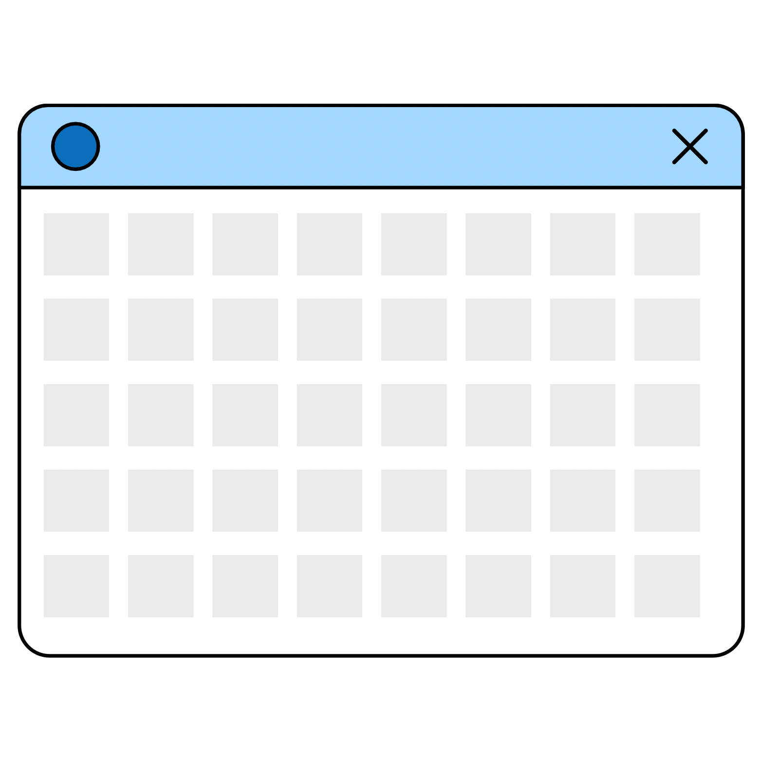 A cartoon illustration of a web browser window with a blue title bar, a round blue button on the left, and a black X close button on the right. The window displays a grid of light gray squares.