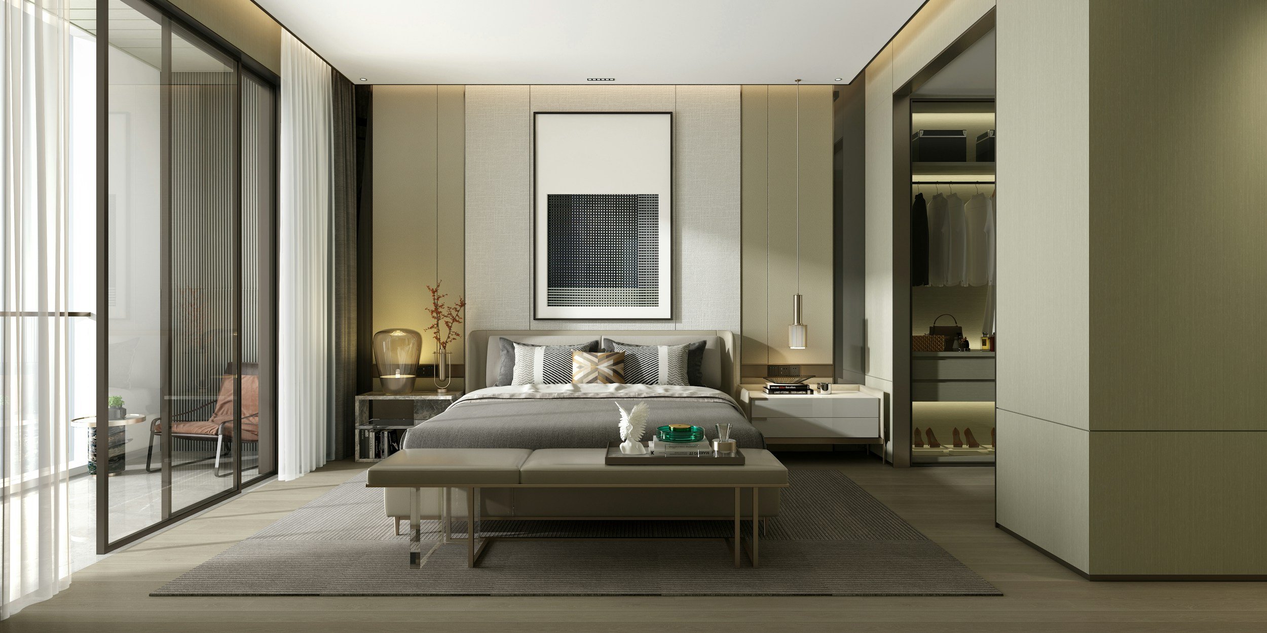 Modern bedroom with gray bedding, wall art, glass doors, and walk-in closet.