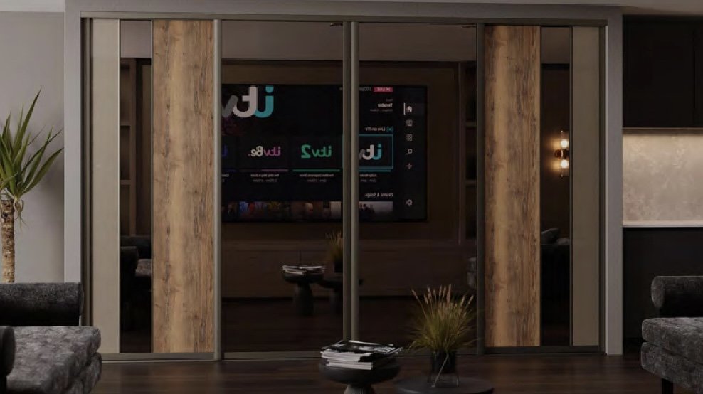 Modern interior with mirrored sliding doors, dark wooden and upholstered furniture, plant, and a wall-mounted TV.
