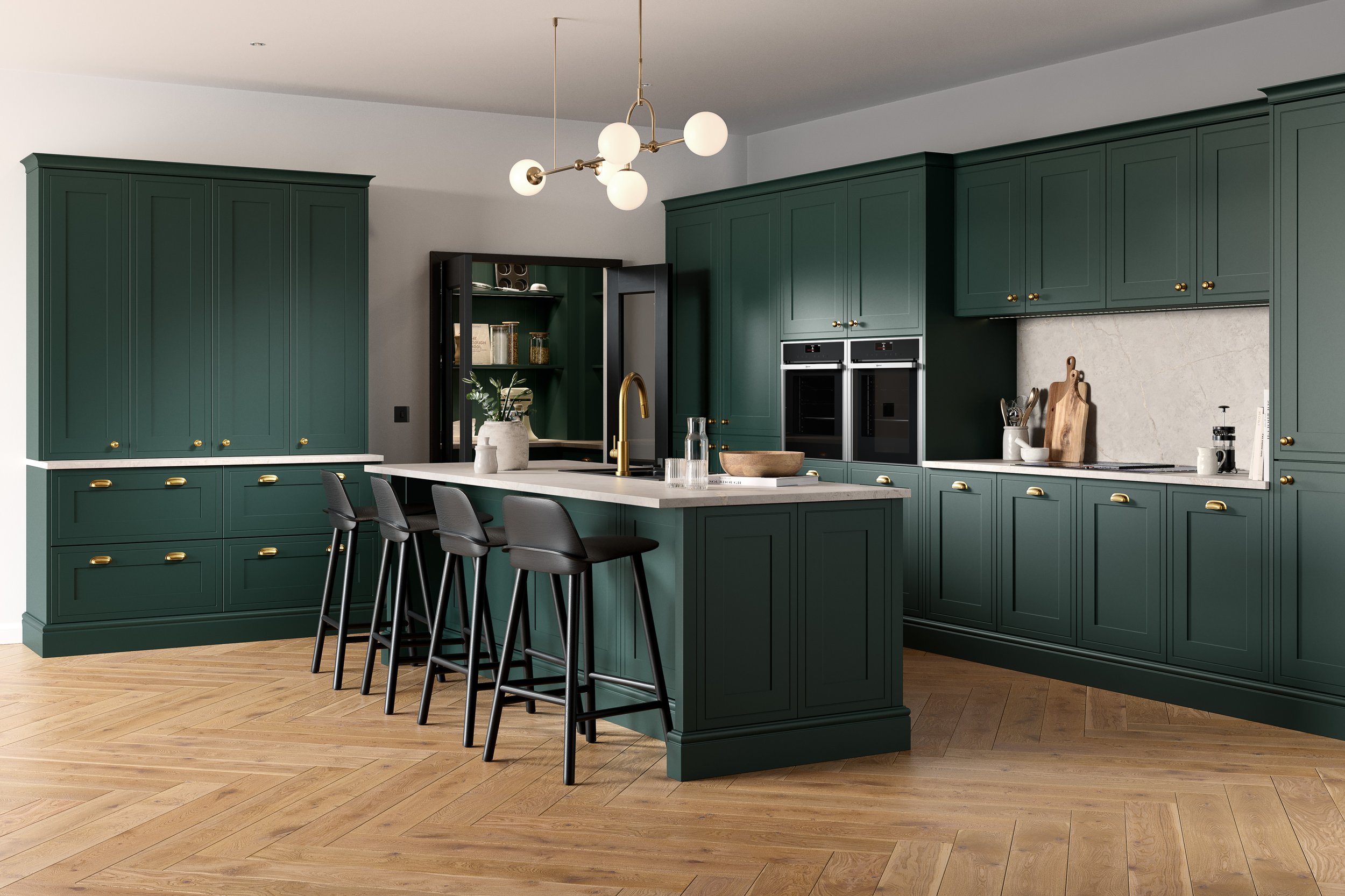 Modern kitchen with green cabinetry, white countertops, and wooden floor. Features a kitchen island with bar stools, decorative pendant lighting, and built-in appliances.