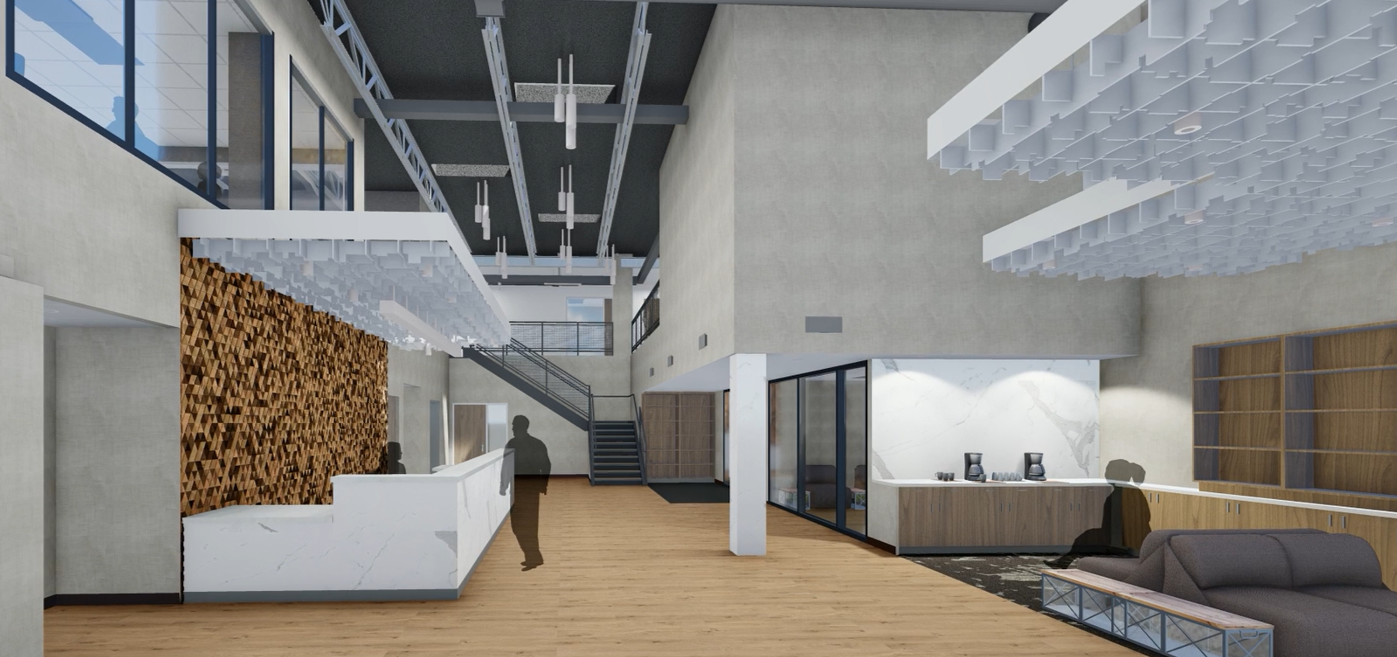 Modern hotel lobby with a curved reception desk, wooden accent wall, glass partitions, leather sofa, and wooden flooring.