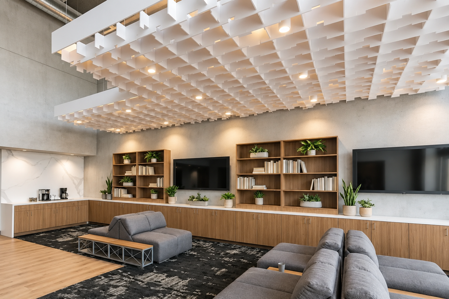 Modern lounge with gray sofas, wooden bookshelves with plants and books, large flat-screen TVs, a bookcase, coffee machines, and a black patterned rug.