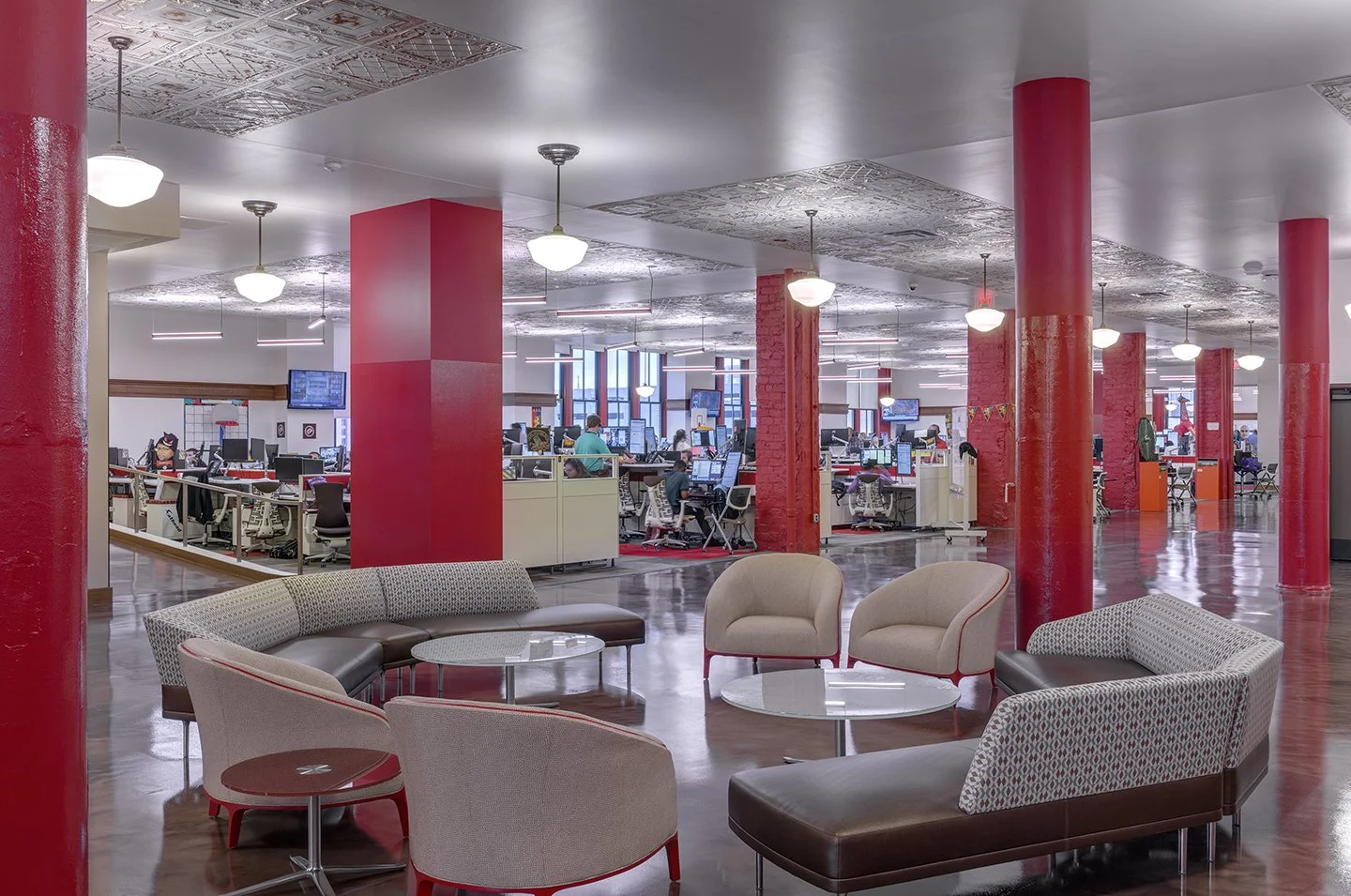 Modern office interior within restored Detroit News Building, commercial adaptive reuse by Albert Kahn Associate