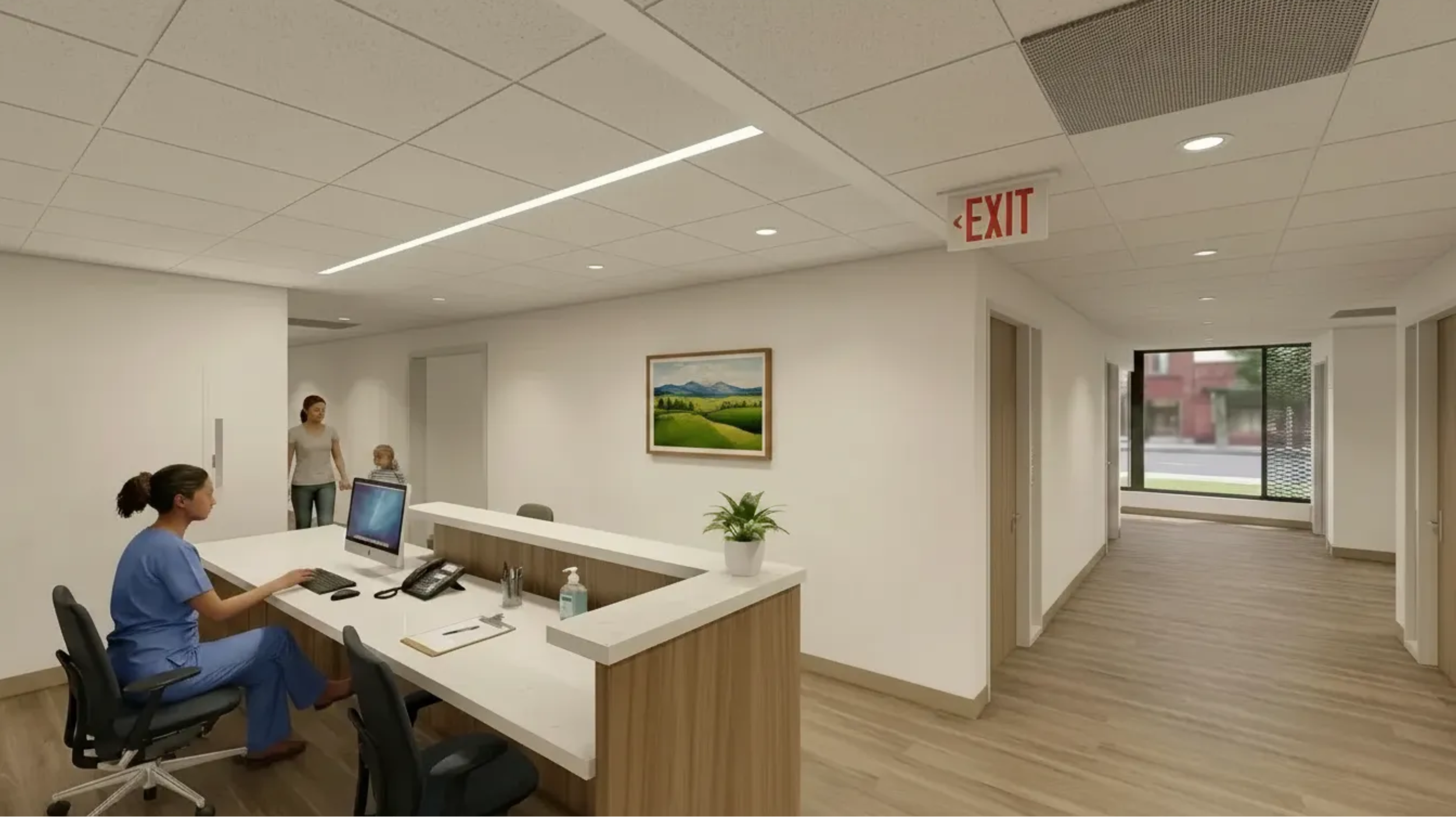 Inside a medical office or reception area with a nurse sitting at a desk, a woman and a young girl walking, a painting of a landscape on the wall, and an exit sign hanging from the ceiling.