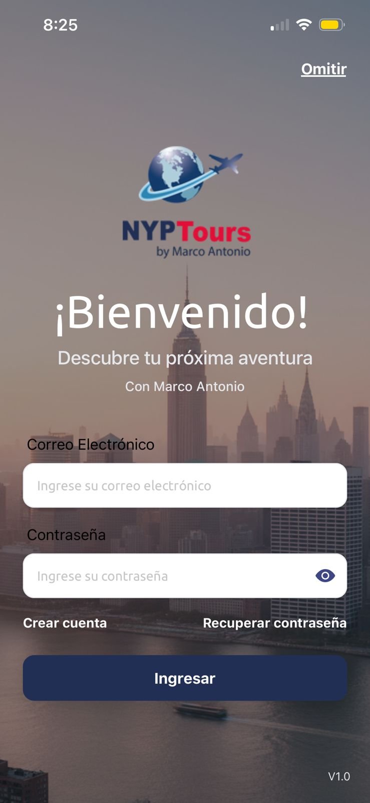 Pantalla de la aplicación NYPTours