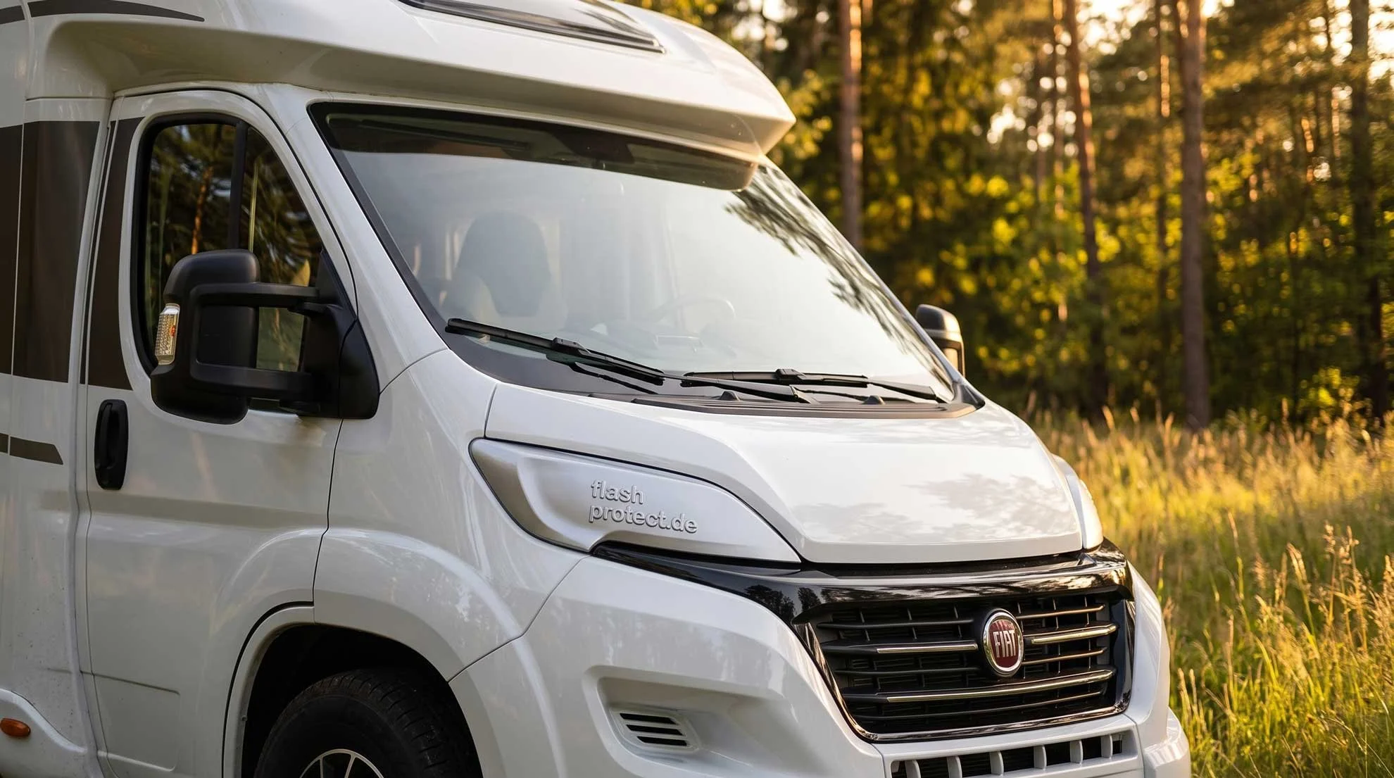 Ein weißer Fiat-Transporter steht im Freien vor einem Wald mit grünen Bäumen, bei Sonnenuntergang.