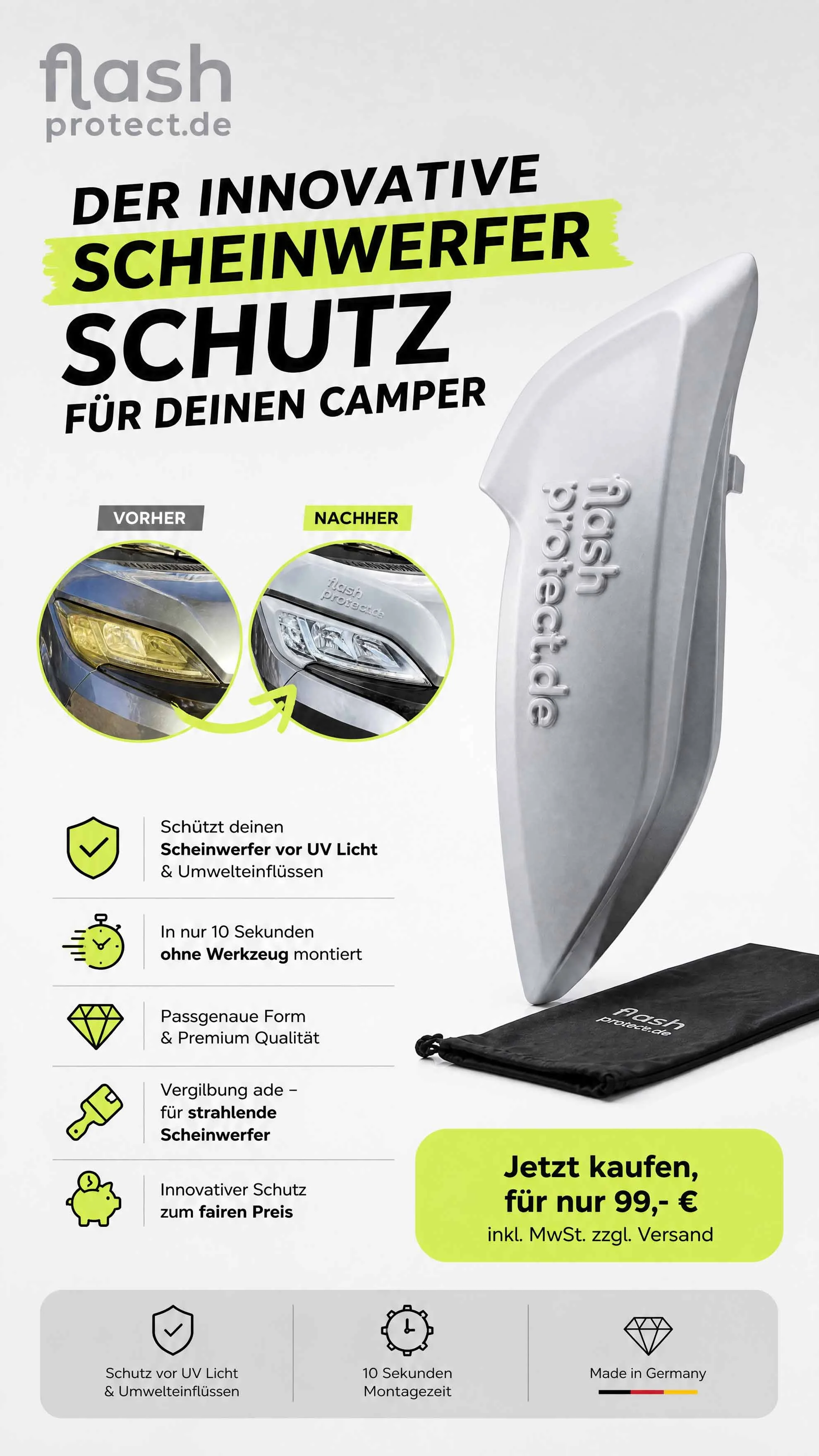 Werbeplakat für einen innovativen Scheinwerferschutz für Camper, mit Vorher- und Nachher-Bildern, Schutz vor UV-Licht, einfache Montage, Passgenauigkeit, günstiger Preis, made in Germany.