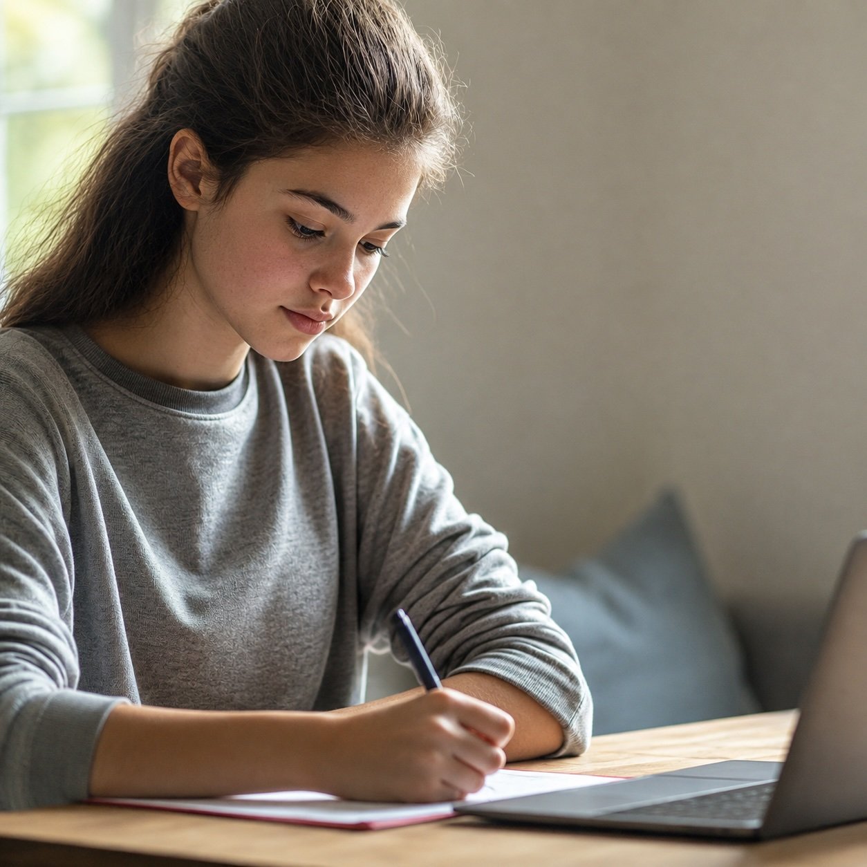 A young woman with long brown hair sitting at a wooden desk, writing in a notebook with a pen, with a laptop nearby on her right, in a bright room with natural light coming from a window.