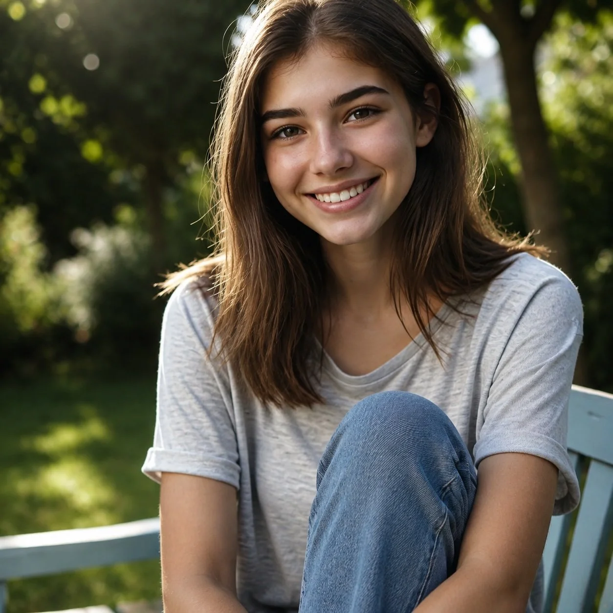 A young woman with brown hair and a smiling face, sitting on a park bench with trees and greenery in the background.