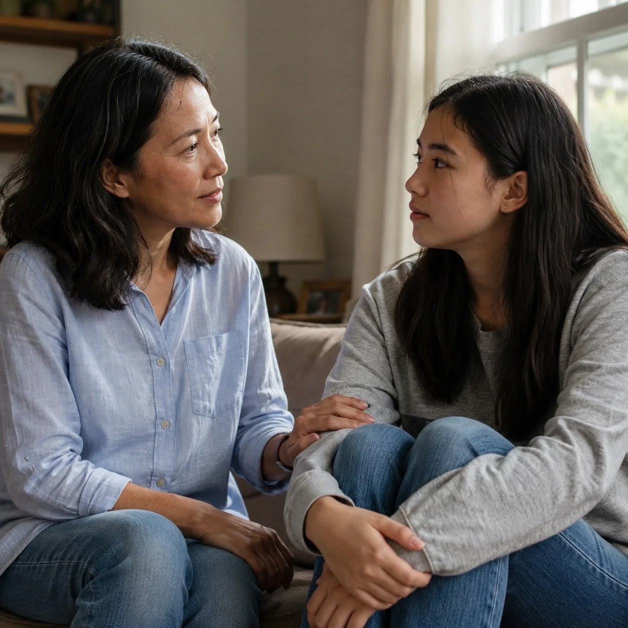 A woman and a girl sitting on a couch, facing each other and engaging in a heartfelt conversation. The woman is gently holding the girl's hand, creating an intimate and supportive atmosphere.