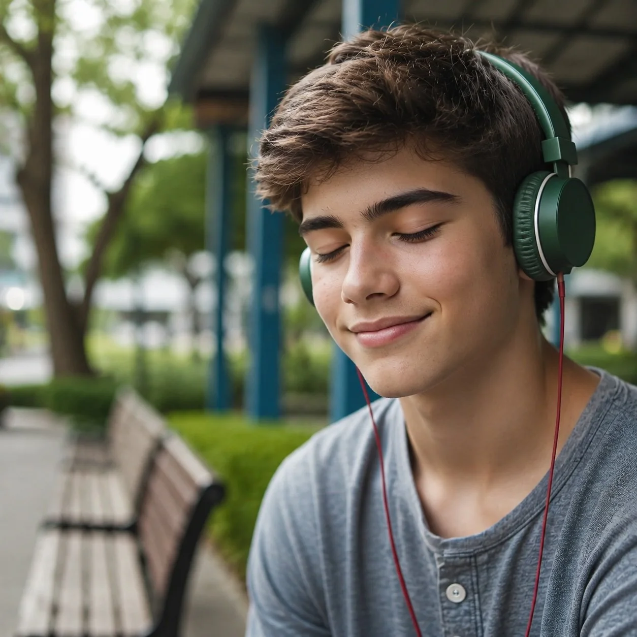A young man with brown hair and closed eyes, smiling softly, wearing green over-ear headphones outdoors in a park setting with trees and benches in the background.