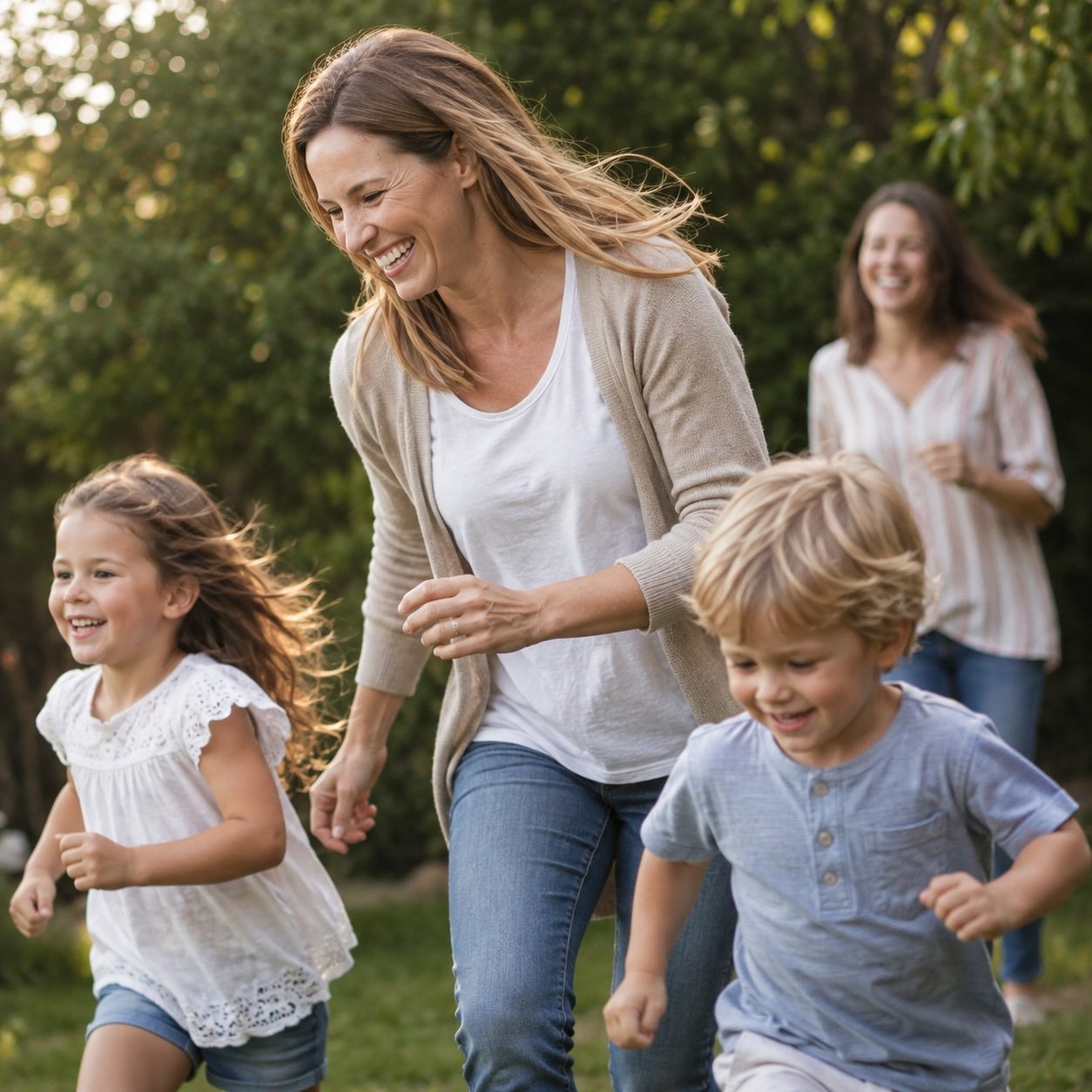 A woman and two children running and playing outdoors in a park with green trees in the background, smiling and enjoying themselves.