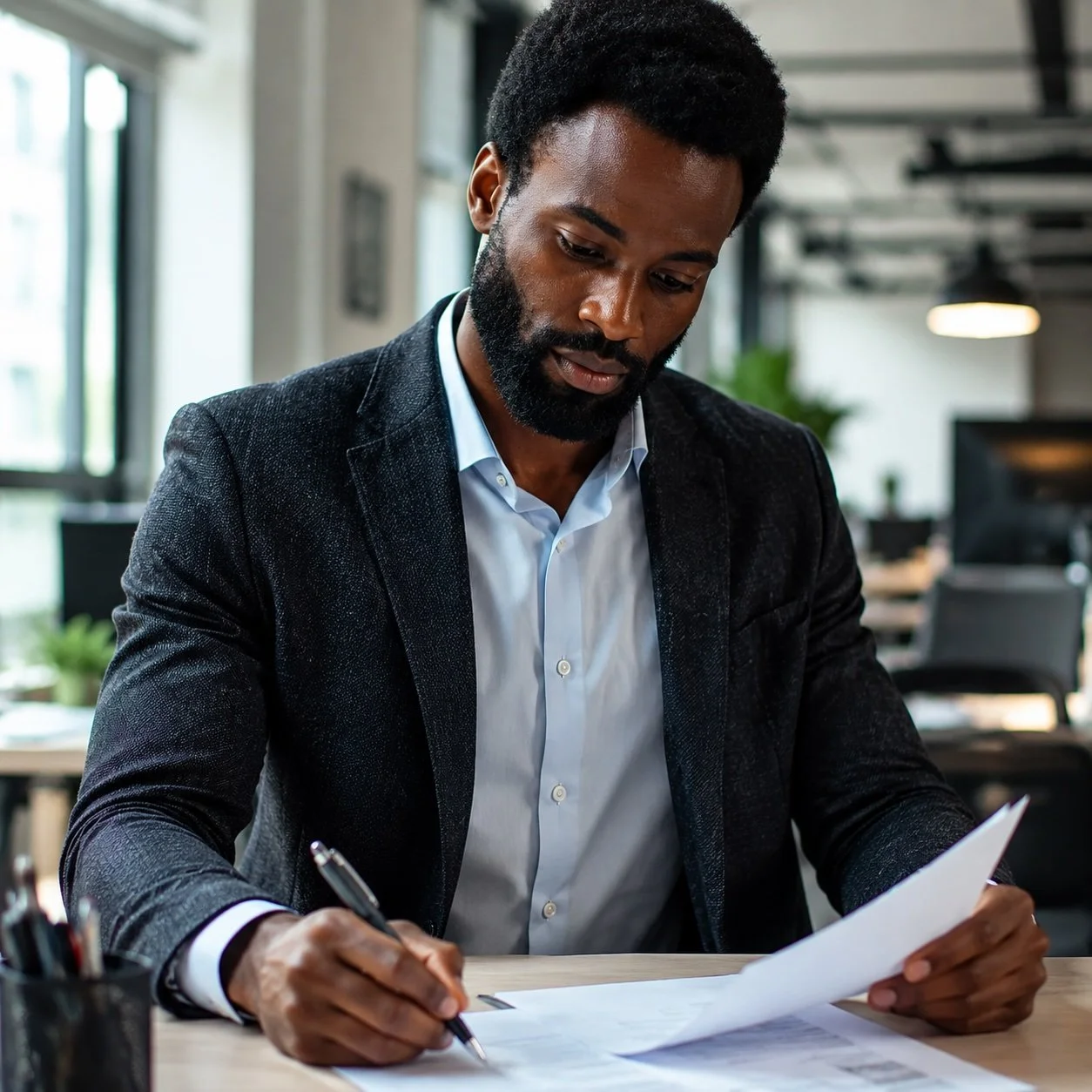 A man with dark hair and beard in business attire sitting at a desk in a modern, well-lit office, reviewing papers and writing with a pen.
