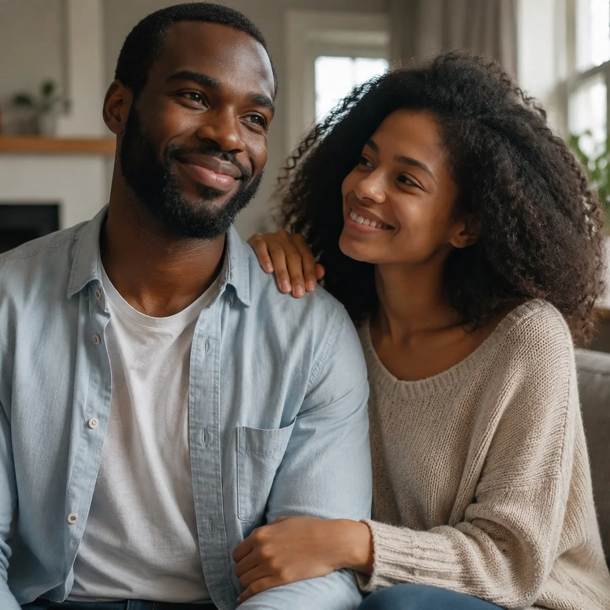 A smiling black couple sitting close together in a cozy living room, with the woman resting her hand on the man's shoulder, both looking happy and relaxed.