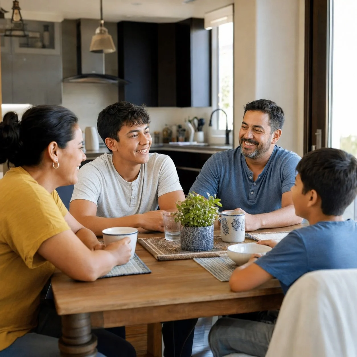 A family of five sitting at a dining table having a conversation with smiles.
