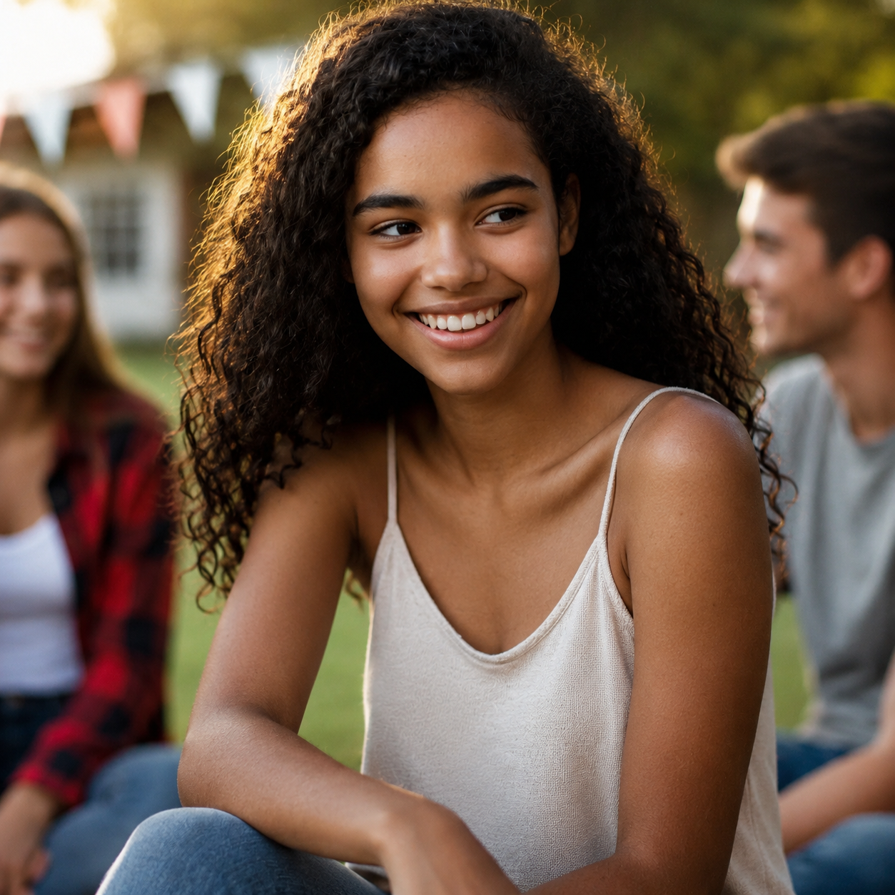 Young woman smiling outdoors at a gathering with friends, with two friends blurred in the background.