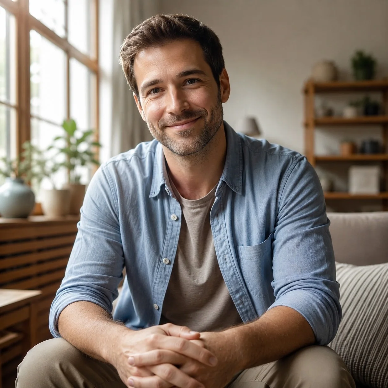 A smiling man with brown hair and a beard sitting on a couch in a cozy living room with plants and wooden furniture.