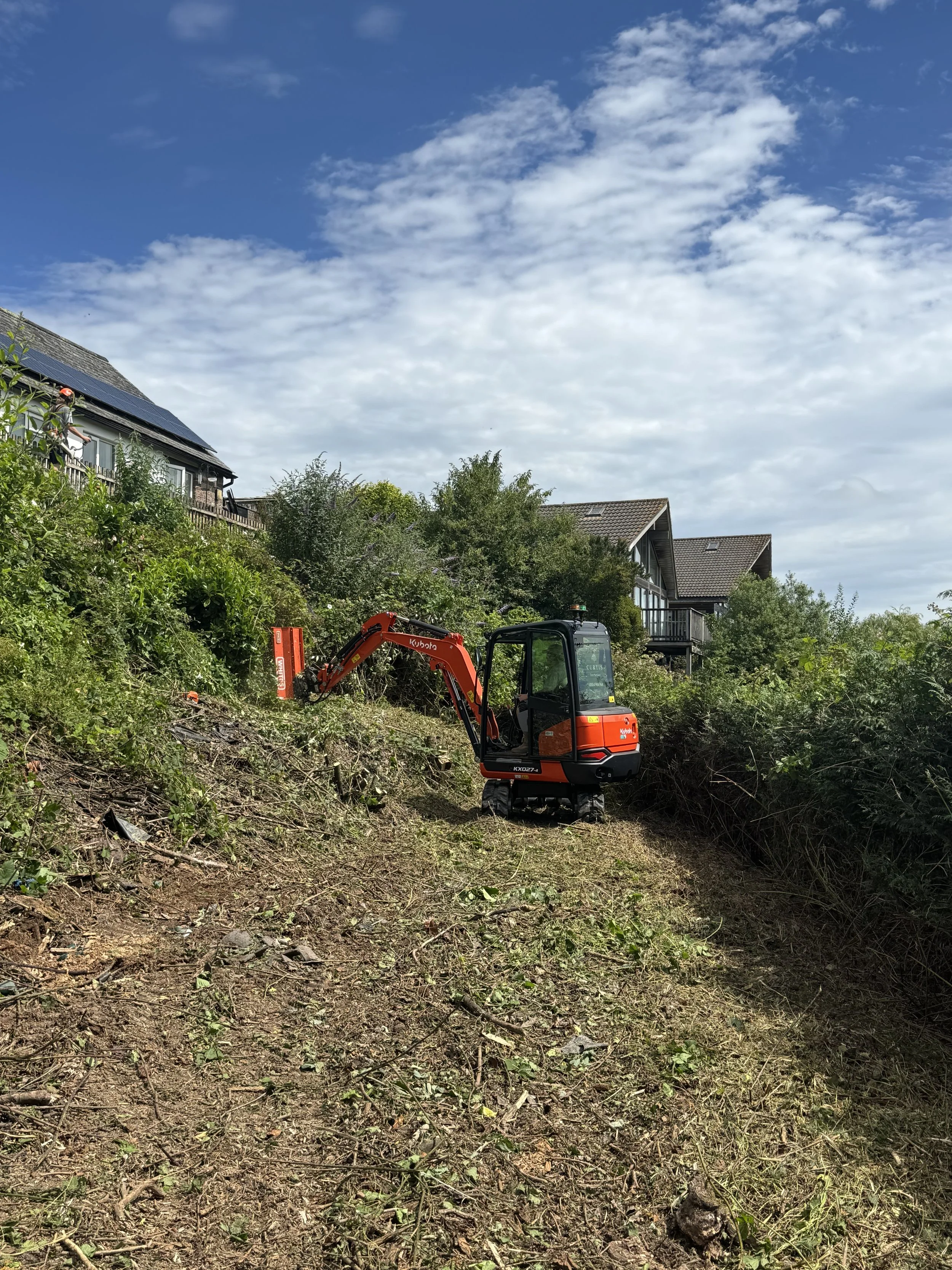 An excavator working on a hillside, clearing vegitation