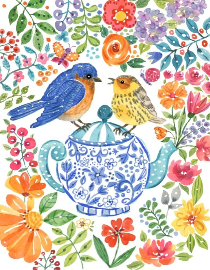 Sweet Birds, this was fun to paint. It&rsquo;s the beginning of a series! 🦜🫖 #watercolorbirds #licensedtocreate #watercolorartist