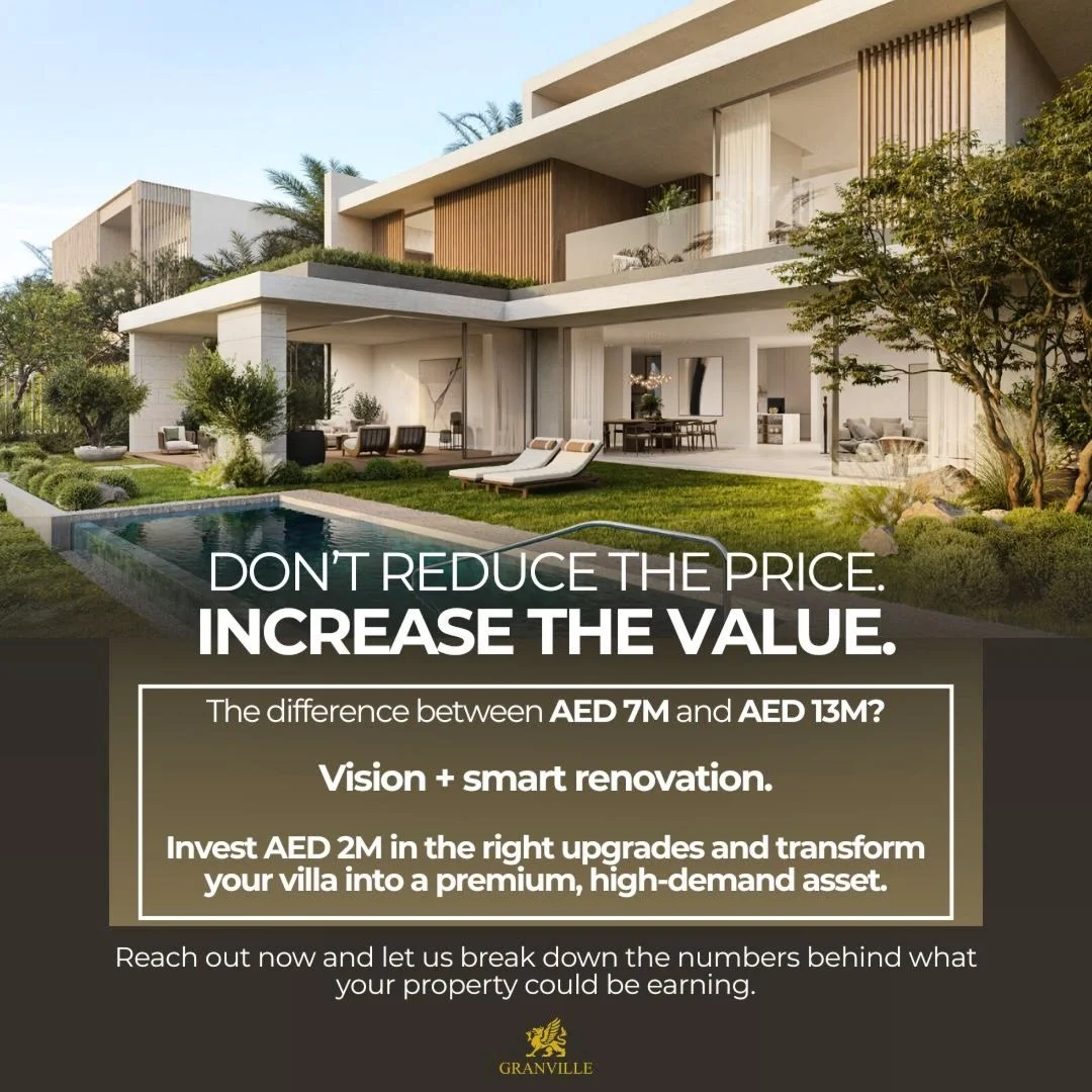 Stop discounting your villa. 
Reposition it. 📝

Sell today for AED 7M&hellip; ⤵️
Or invest AED 2M strategically and unlock AED 12&ndash;13M. 💸📈

The right renovation isn&rsquo;t a cost &mdash; it&rsquo;s leverage.

Reach out now and we&rsquo;ll sh