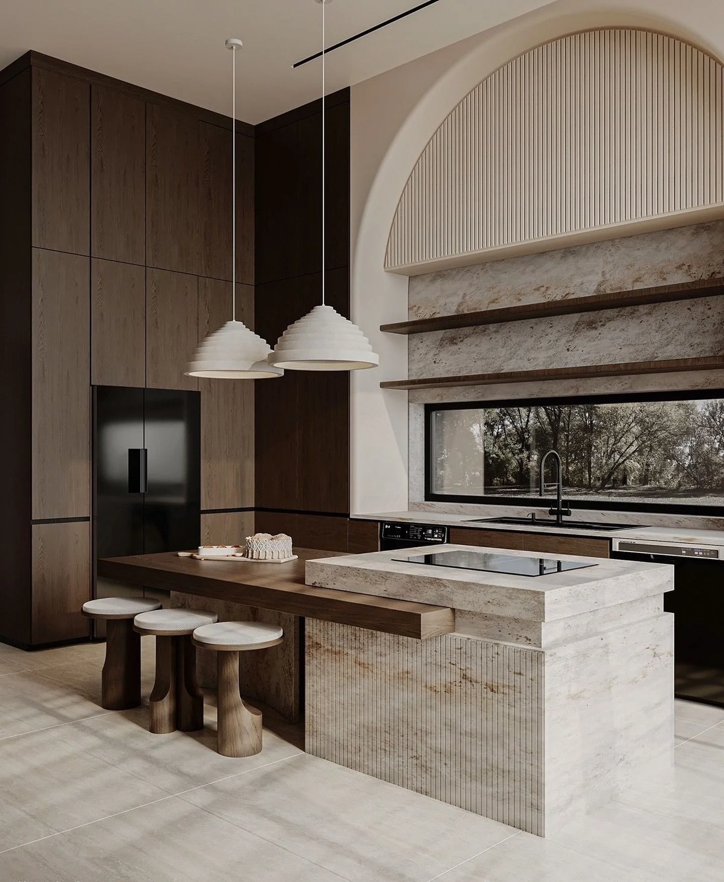 Warm tones, clean lines, and natural textures. We&rsquo;re obsessed with this design! 😍

Walnut cabinetry paired with layered stone and soft arches gives this kitchen a calm, grounded feel. The fluted island detail and statement pendants add just en