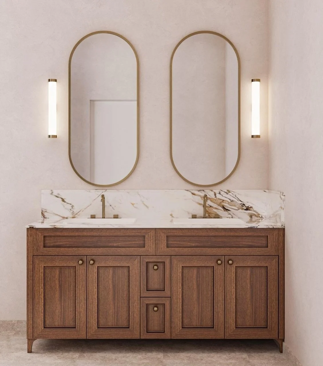 We are loving these two simple, yet classy vanity design options for our client ✨
Rich marble drama or dreamy soft stone &mdash; which would you choose to start your day? 

#dubaiinteriors #dubairenovation #dubailuxuryhome #dubaiinteriordesign #dubai