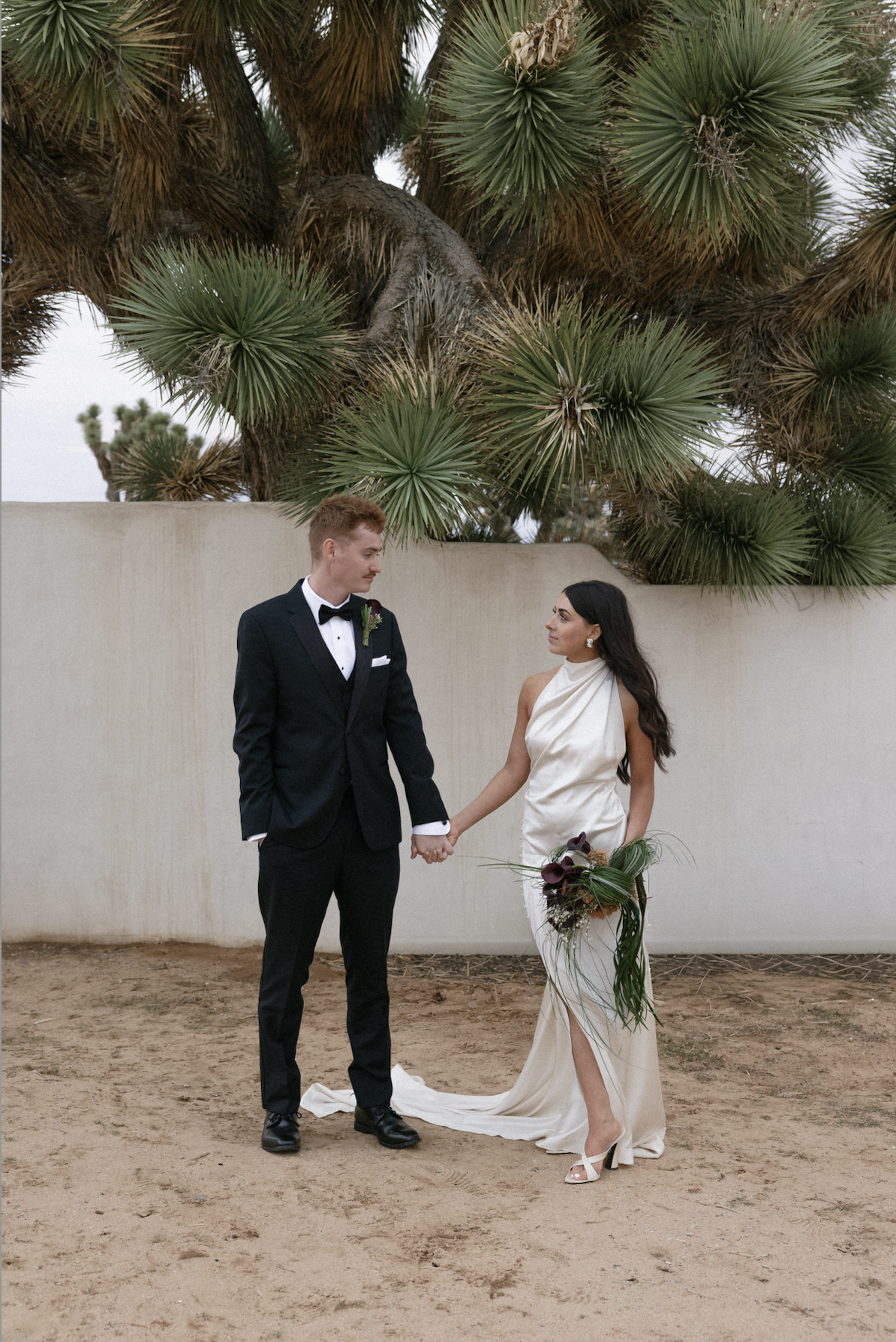A bride and groom holding hands outside in front of a plain wall and large desert plants; the bride is wearing a silky white gown and holding a bouquet, the groom is wearing a black tuxedo with a bowtie.