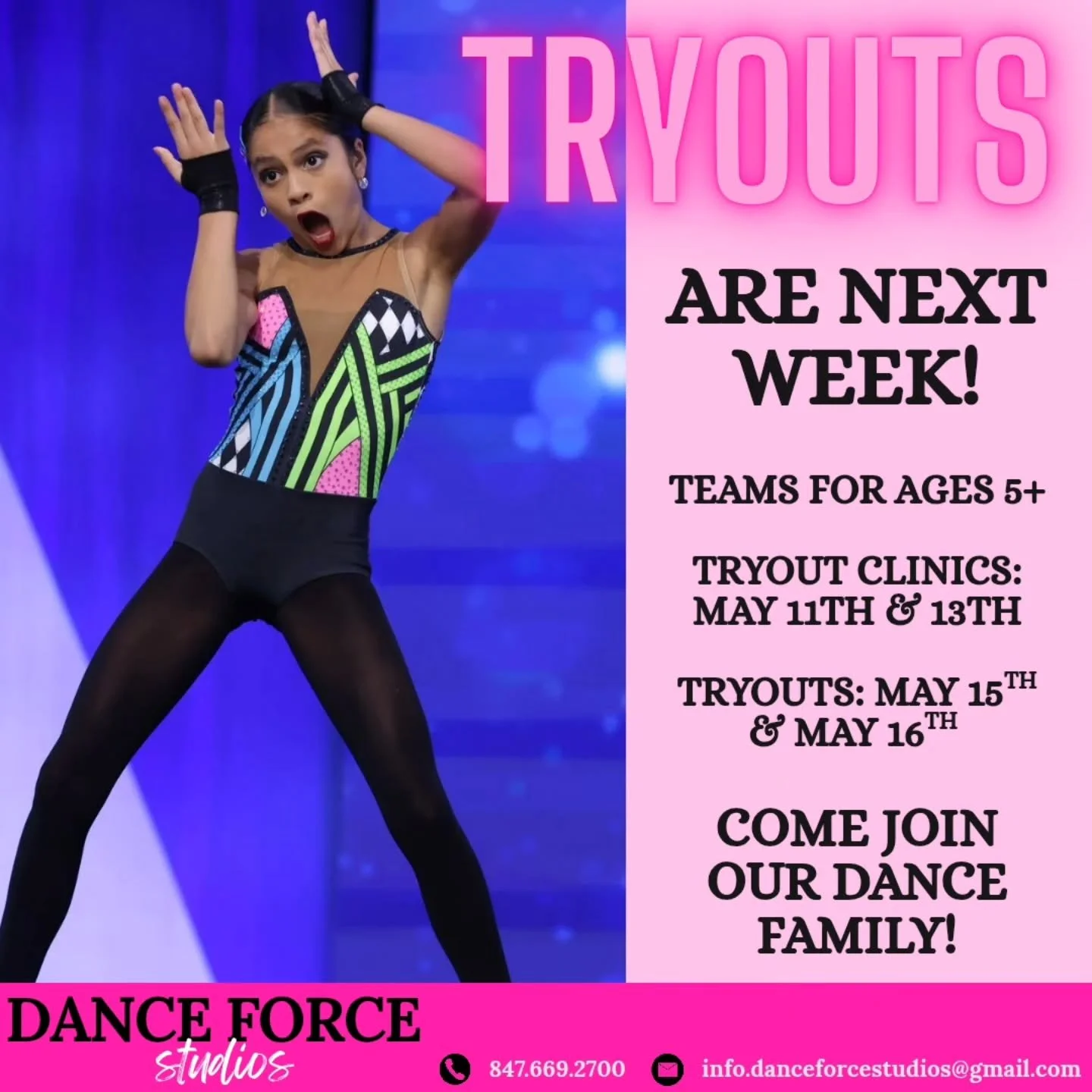 🕐🚨 It's HERE!!!! Next week are tryouts for our Competitive Teams!! If you want to join in on all the fun, don't forget to register! 

Dancers born from 2016-2022: Clinic 5/11 @5:30
Dancers born from 2008-2015: Clinic 5/13 @6:30

Registration and Tr