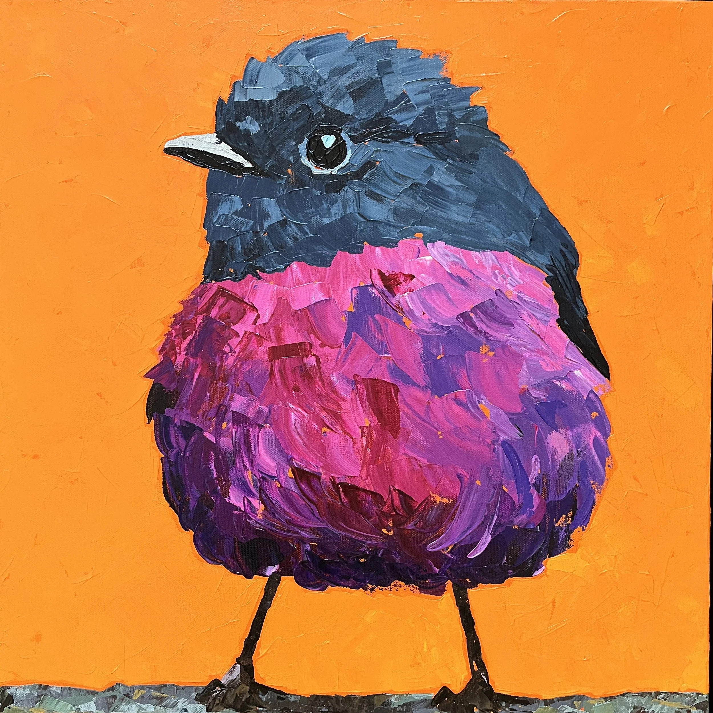 Painting of a pink robin with orange background by Lisa Seaman