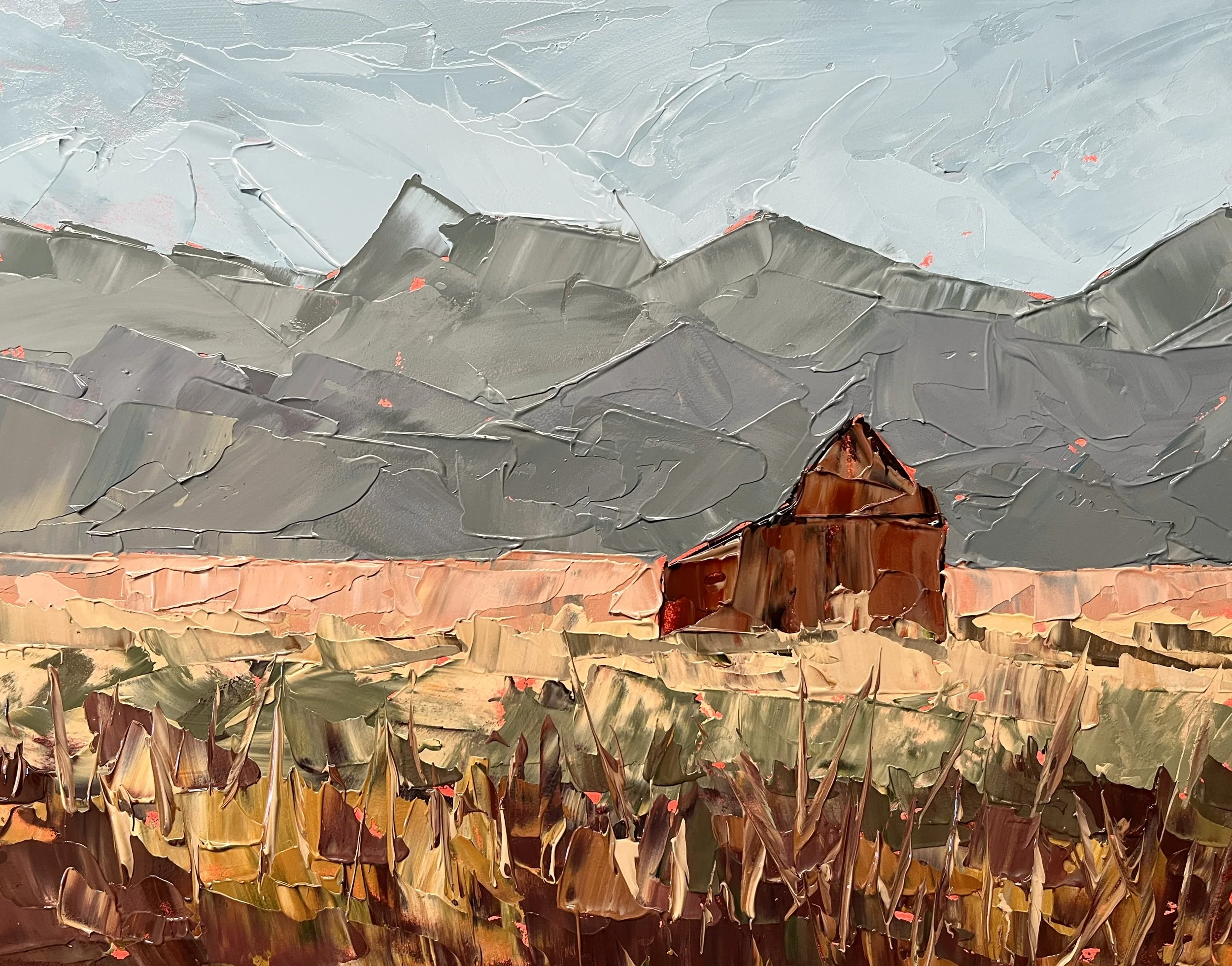 Painting of a Bart with meadow in front and hills behind.