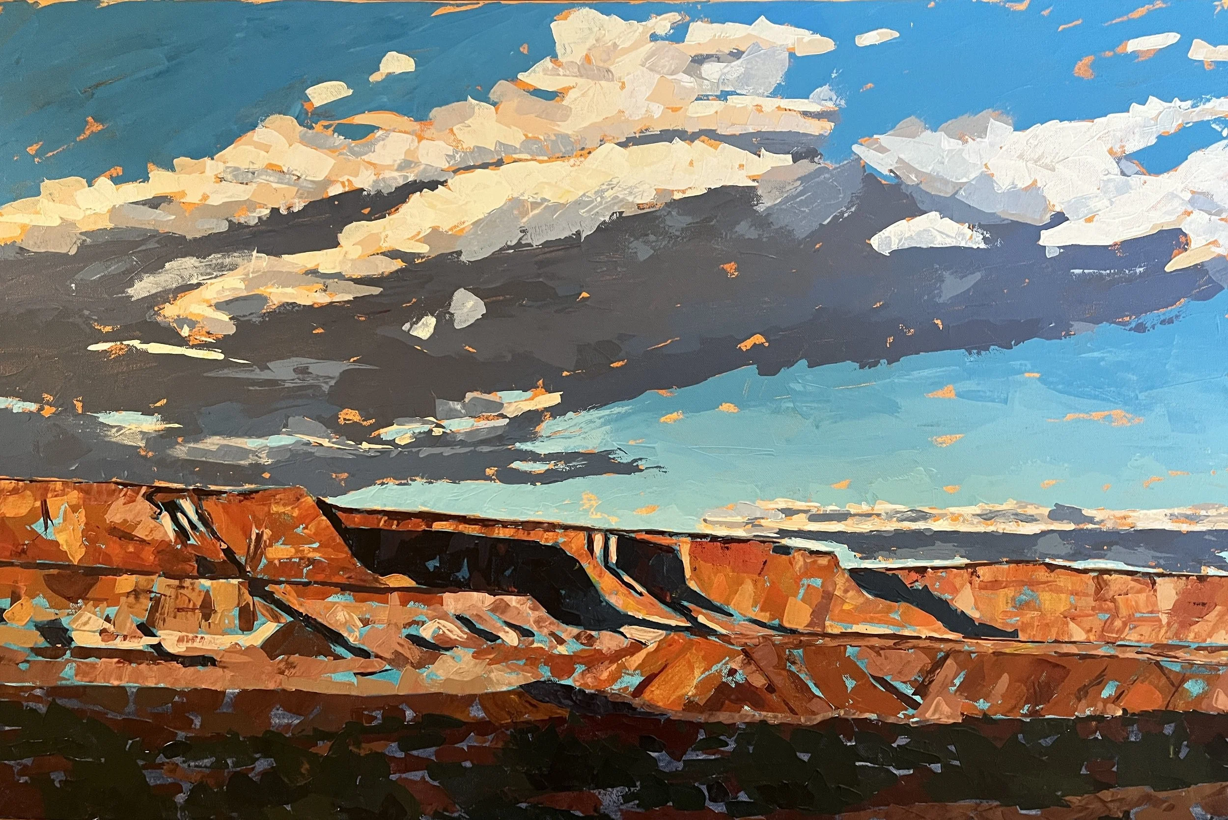 Painting showing orange cliffs at sunset and a big cloud in the sky