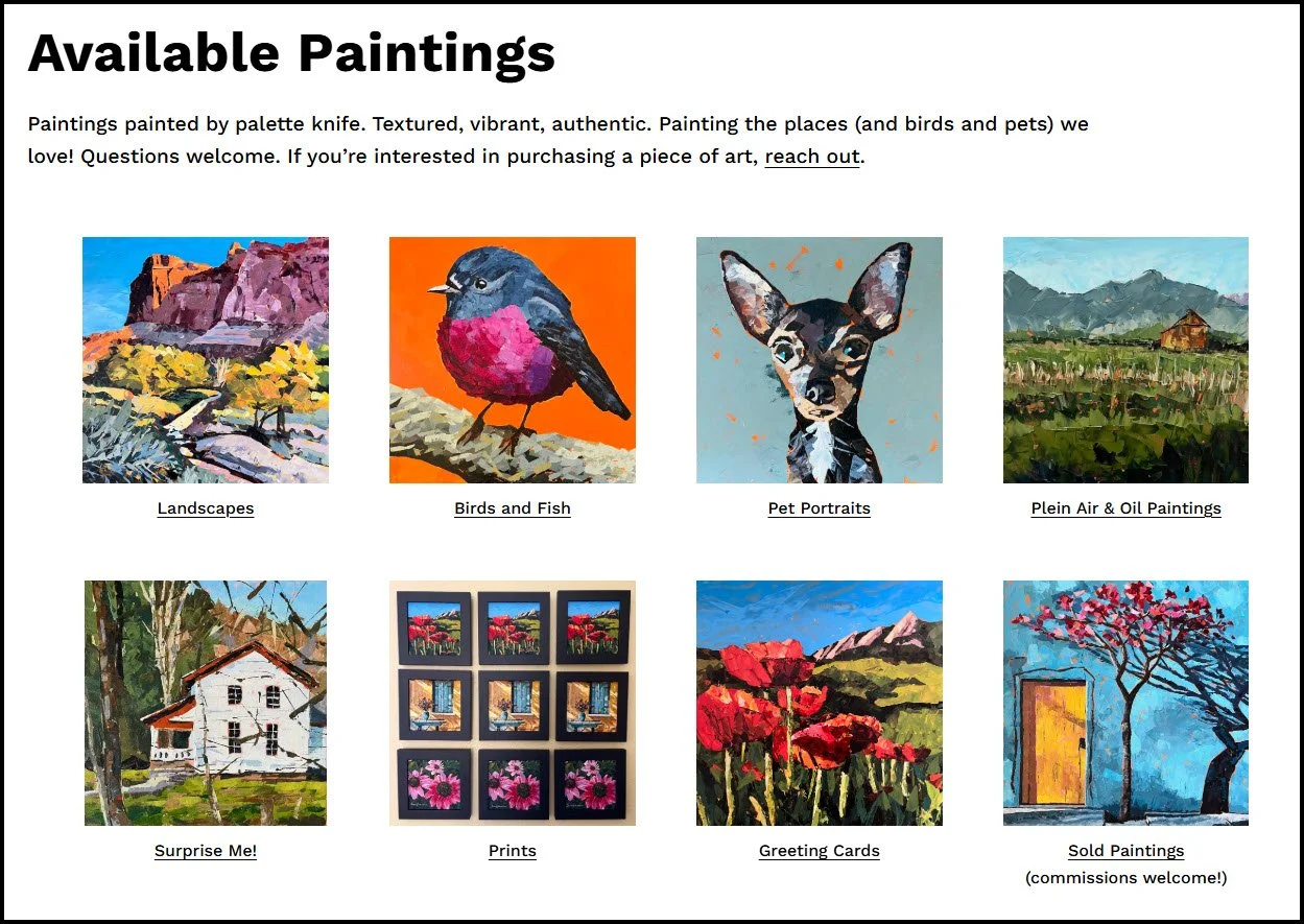 Screenshot of webpage with available paintings