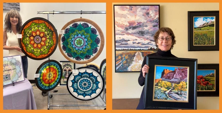 Roberta and Lisa standing with their art