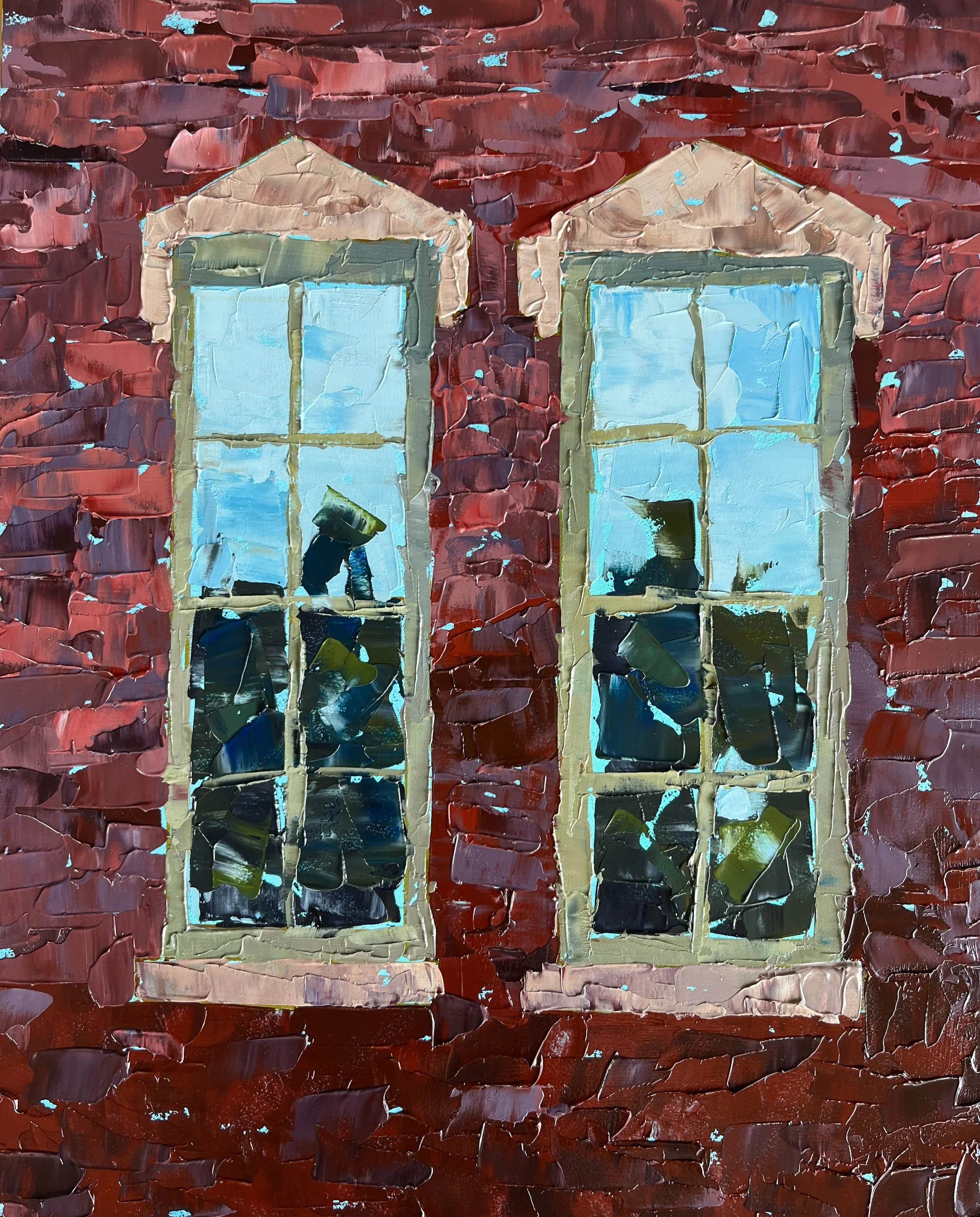 Textured painting with two windows reflecting sky and trees, surrounded by red brick walls