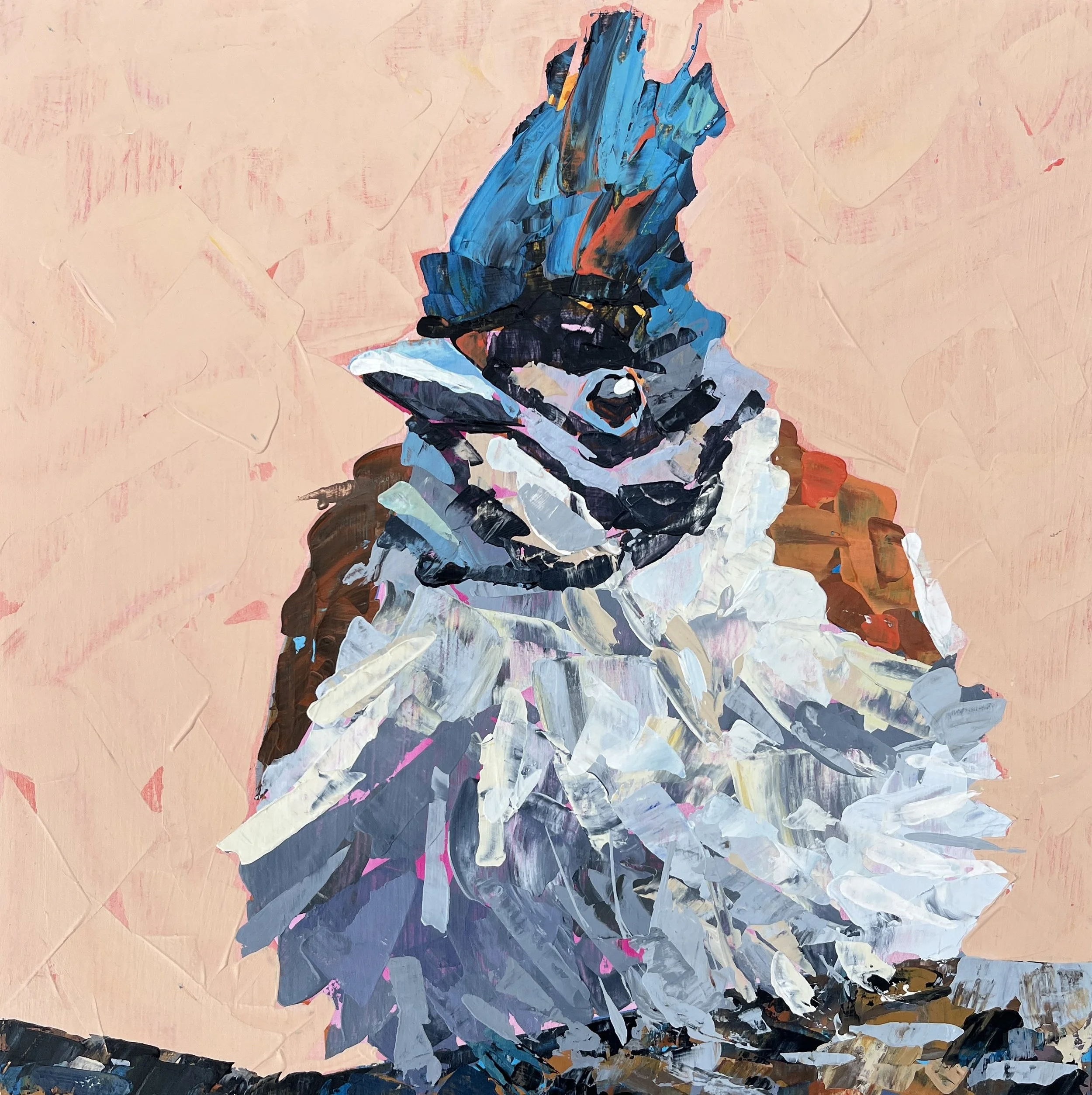 Bird painting with blue head feathers