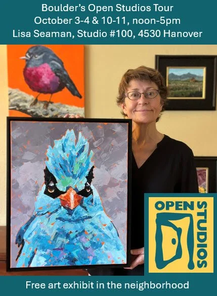 Lisa holding big blue bird painting